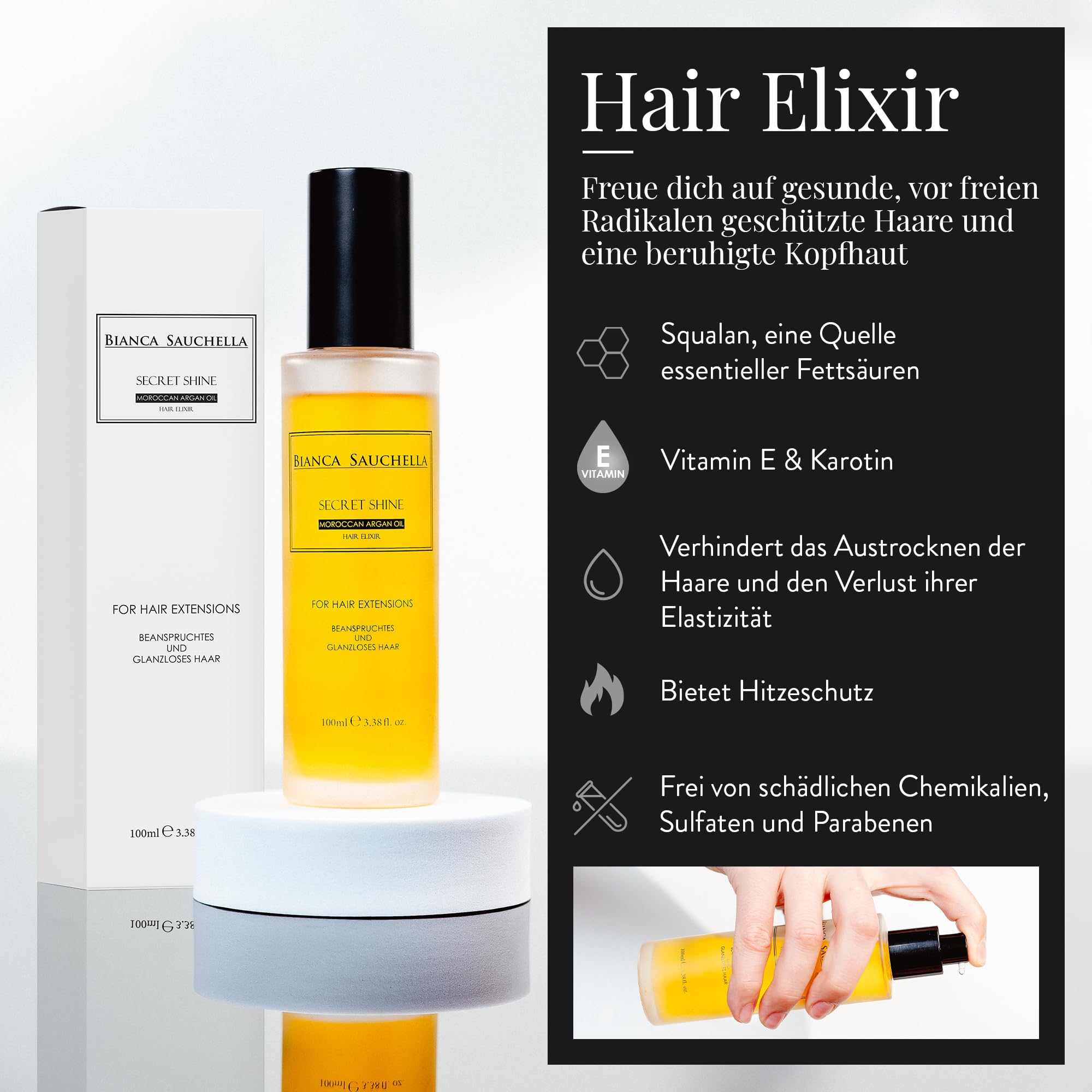 Secret Shine Set – Arganöl Shampoo, Conditioner, Haarmaske & Haaröl mit Collagen & Vitamin B3 – Pflege für glänzendes Haar & Echthaar-Extensions, parabenfrei