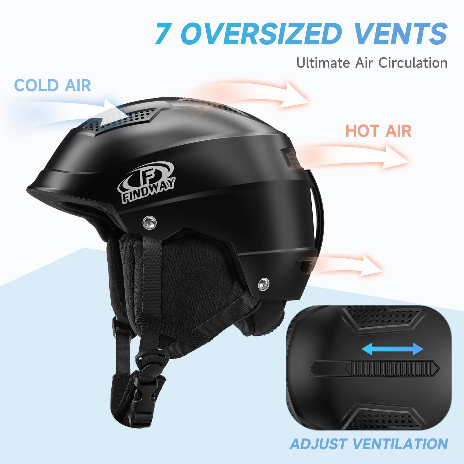 Findway - Casco da sci unisex, da donna e uomo, per adulti, bambini, con aperture di ventilazione regolabili, compatibile con occhiali da sci per chi indossa gli occhiali, casco da snowboard, S/M/L