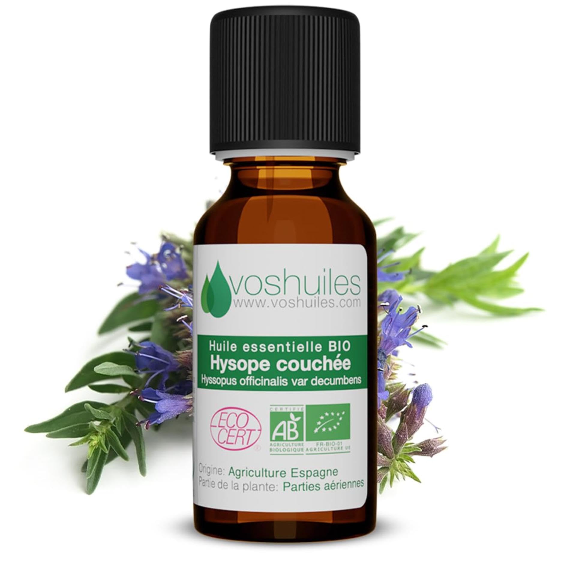 VOSHUILES - Huile Essentielle d'Hysope Couchée 5ml - 100% Pure et Naturelle - Certifiée Ecocert en Agriculture Biologique - Bouchon Compte-​Goutte