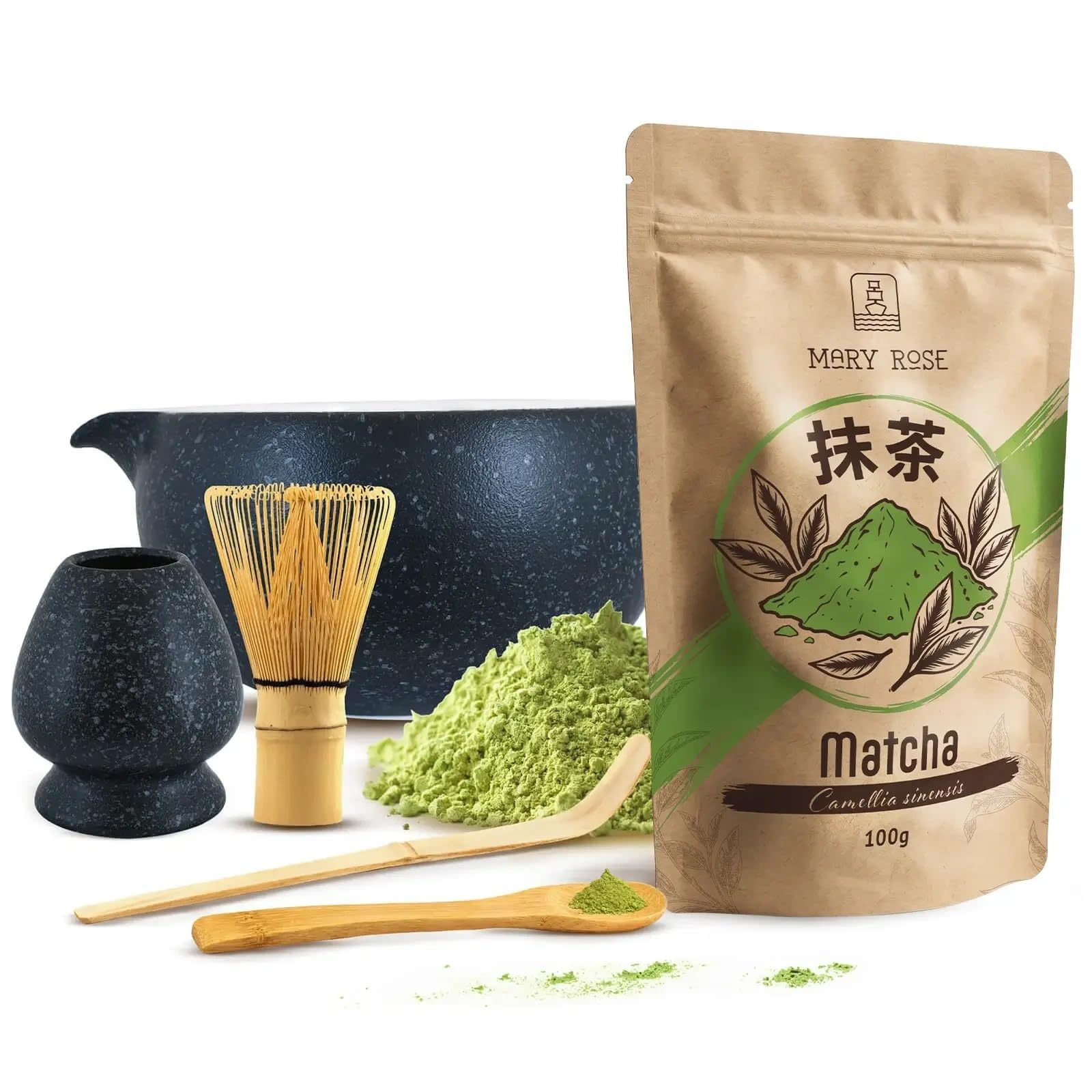 Kit Matcha Mary Rose: Thé Vert 100g avec fouet en bambou et accessoires