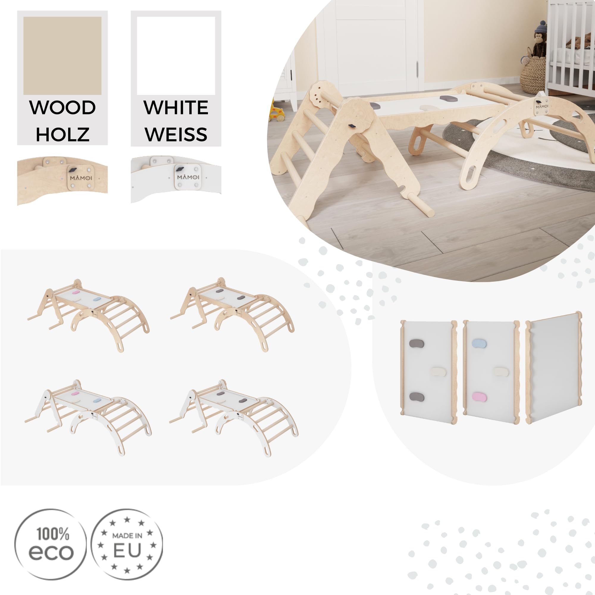 MAMOI® Set de Estructura de Escalada Interior, triángulo de Escalada con tobogán de Madera, Arco trepador, bebé niños, balancín Arco Iris con Tabla Deslizante, Arco de Madera para Parque Infantil a