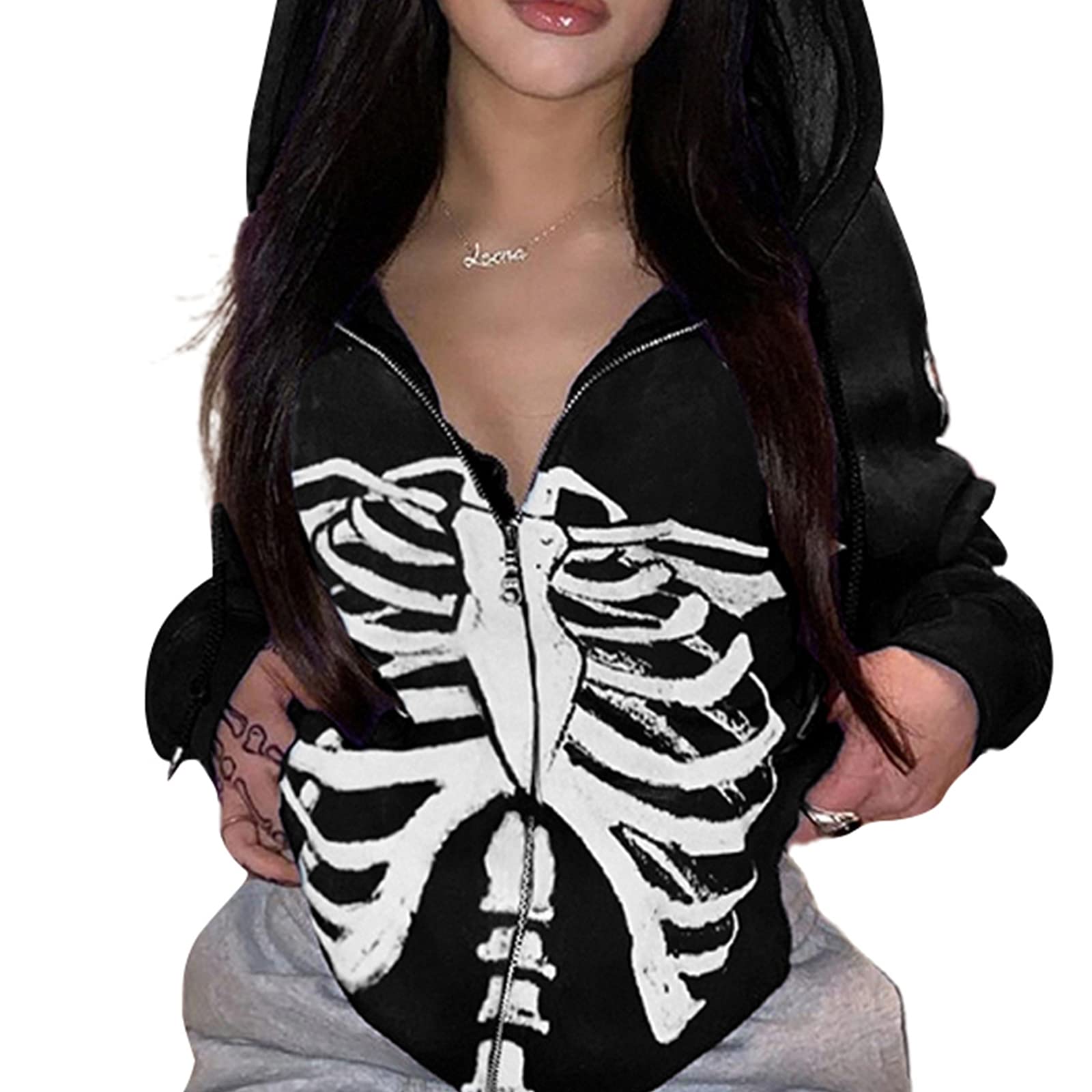 Mododer Hoodie Skeleton Sweatshirtfor Women Fashion Oversized,Zip Up Hoodies Long Sleeve Casual with Pockets (Black, Large)