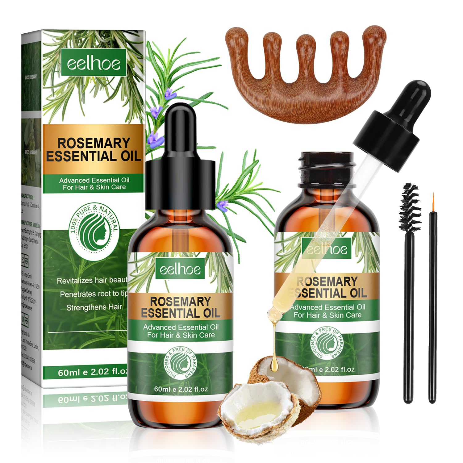 ZOLGINAH Aceite de Romero para el Cabello, 2 Piezas Rosemary Oil Hair Growth Natural 60ml, con Masajeador Cuero Cabelludo, Favorece el Crecimiento del Cabello, para Mujeres y Hombres