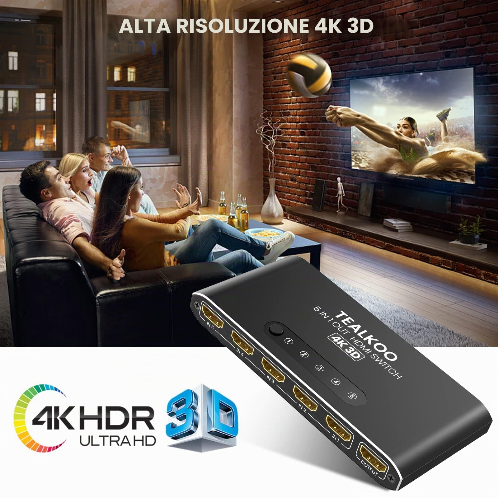 Splitter HDMI 5 in 1 Out – 4K Aliminium Switch automatico con telecomando – Commutatore supporta 4K 3D HDR per PS4, Xbox, TV Stick, lettore Blu-Ray
