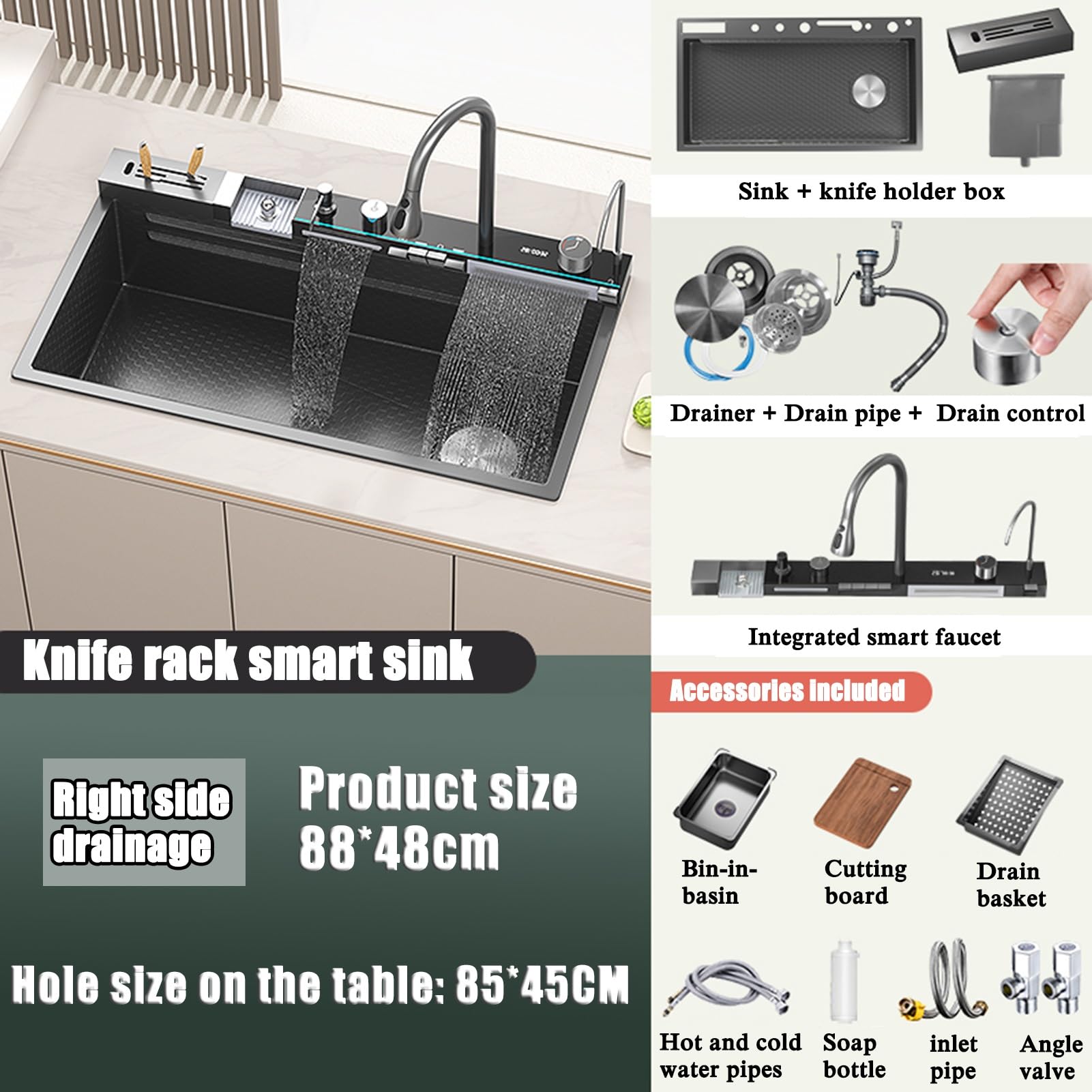 Lar 88 cm inless stalowy wodospad zlewozmywak kuchenny z uchwytem na nóż i cyfrowym wyświetlaczem - wielofunkcyjny 88 x 48 cm nowoczesny design do użytku domowego i komercyjnego