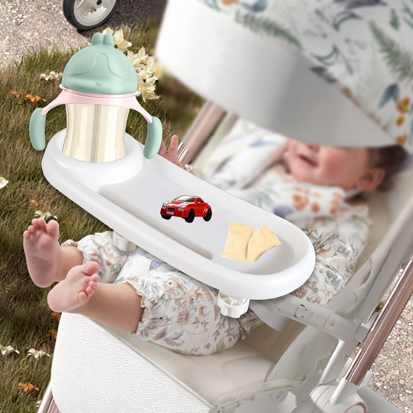 Garende Stroller Tray Handrest Dish Infant Snack Tray Removable Partition Storage with Cup Holder Baby Dinner Table, White