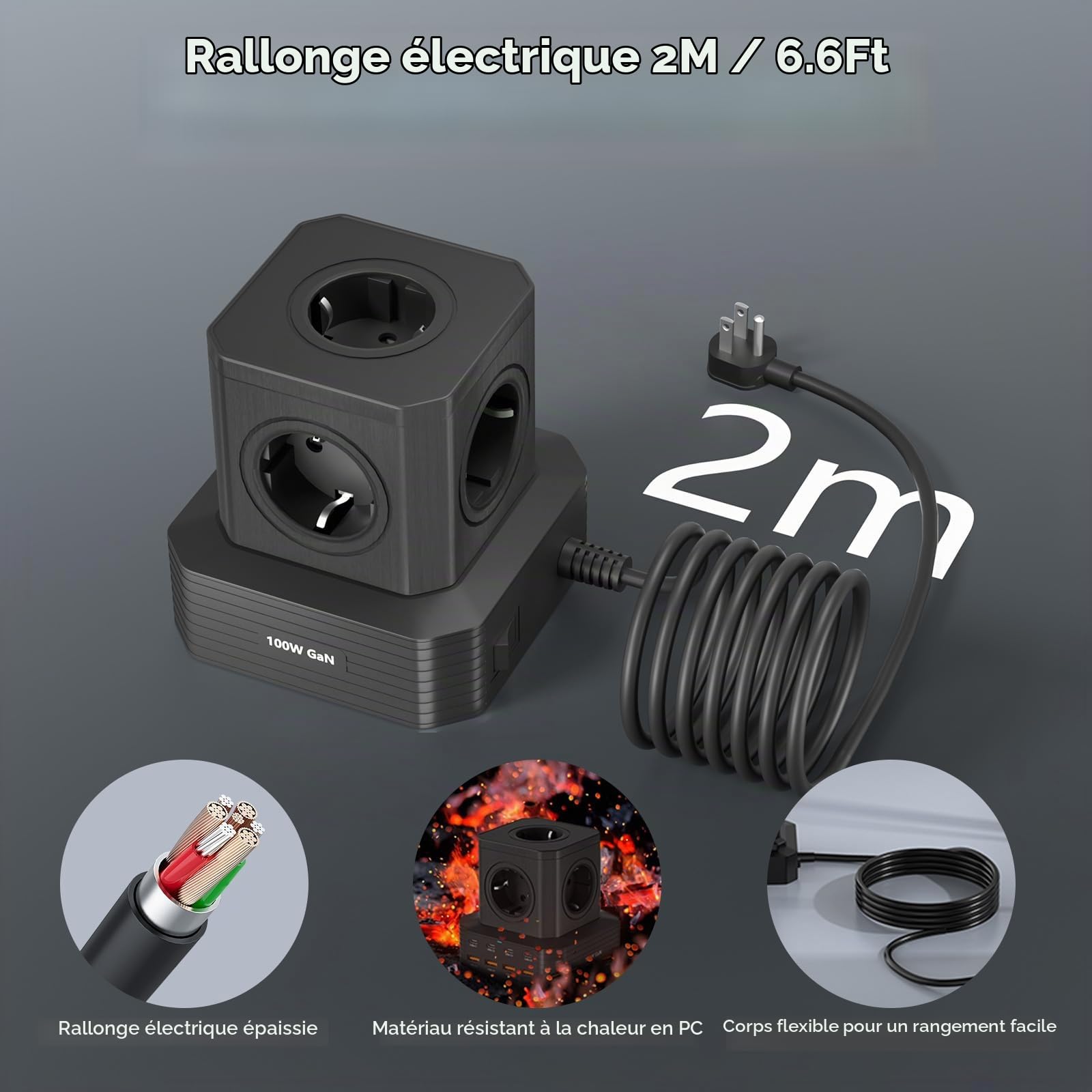 100W Multiprise USB Cube, 13 en 1 Rallonge Electrique 2M Câble avec 8 Ports USB Charge Rapide 100W PD3.0, 5 Prises AC (4000W/16A) Bloc Multiprise avec Interrupteur Rallonge Multiprise pour Bureau,Noir