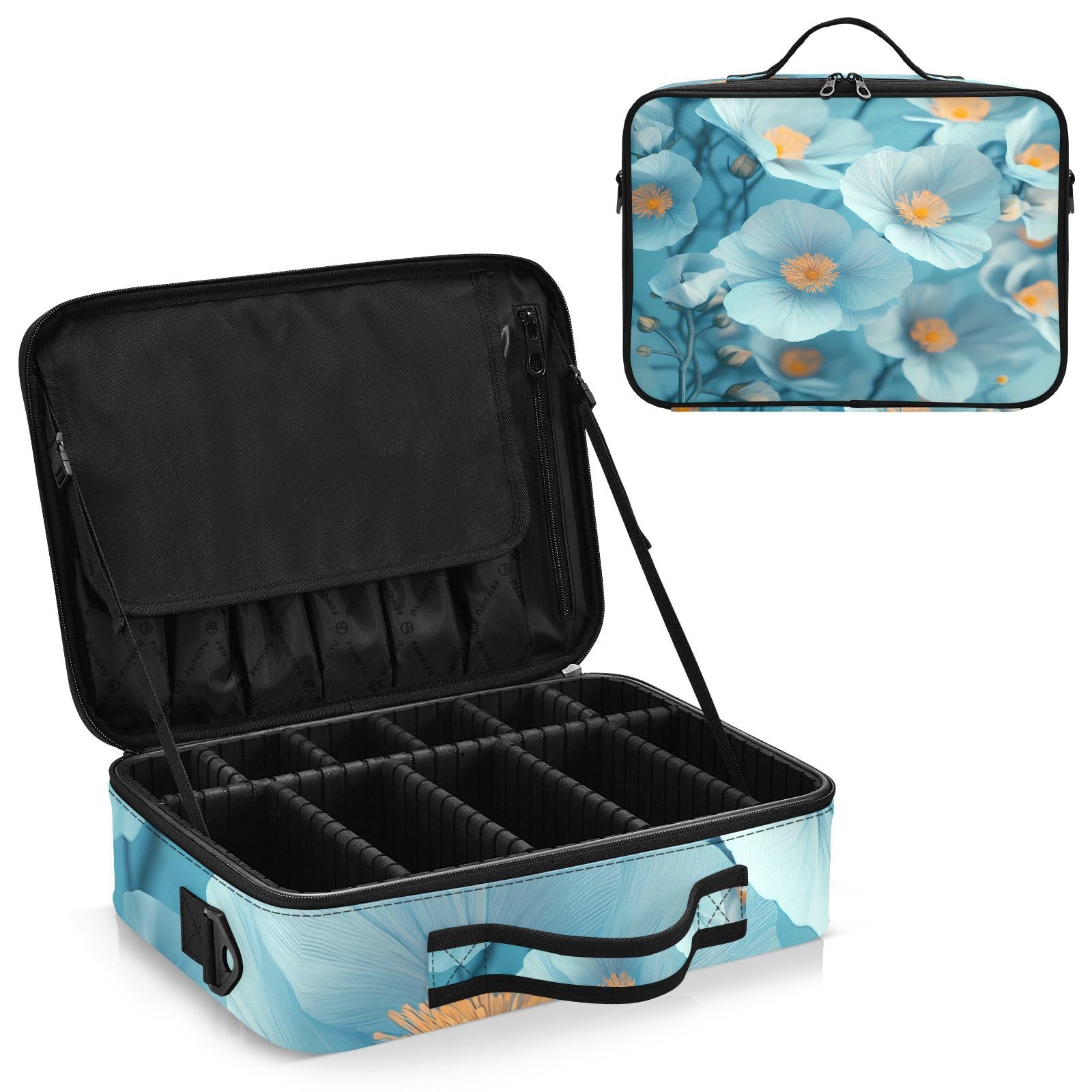 zyrtty Travel Makeup Train Case Blue Flowers Cosmetic Organizer Portable Storage Bag with Adjustable Dividers for Cosmetics Brushes Toiletry Jewelry Digital Accessories