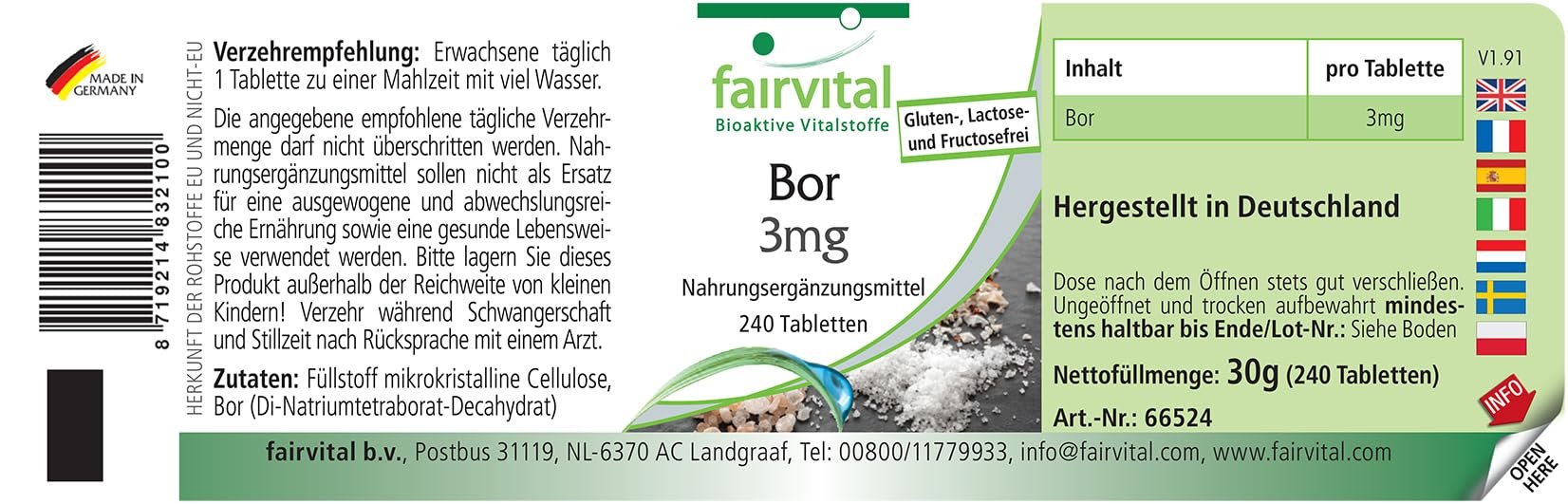 Fairvital | Bor 3mg – 240 tabletek – 3mg na tabletkę – łatwe do połknięcia – sprawdzona jakość i wysokie dawki – 100% wegańskie – wyprodukowane w Niemczech