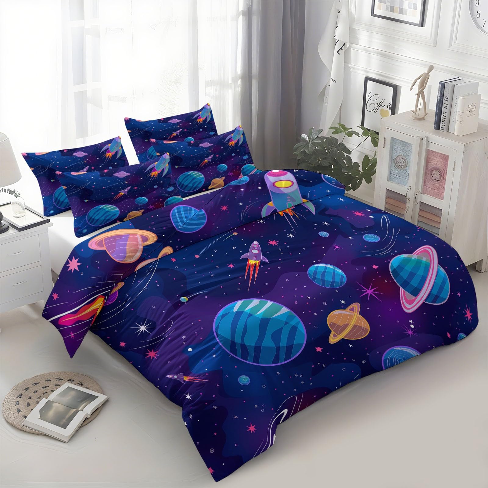 Housse de couette 160x200 bleu planètes - Literie microfibre réversible