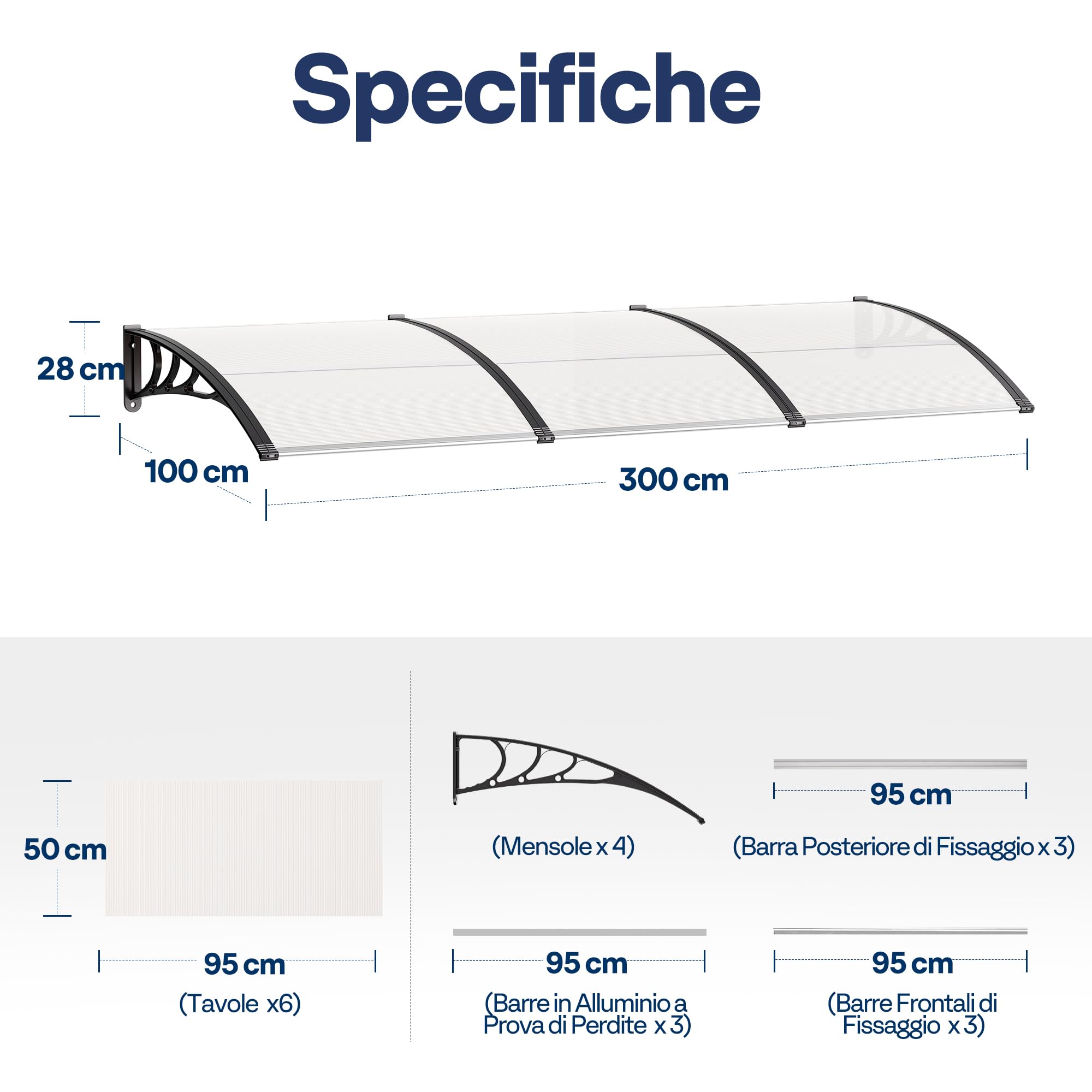 VIVOHOME Pensilina da Esterno Tettoia per Porta 300x100cm Antipioggia in Policarbonato Alluminio Resistente per Porta Finestra Balcone Trasparente