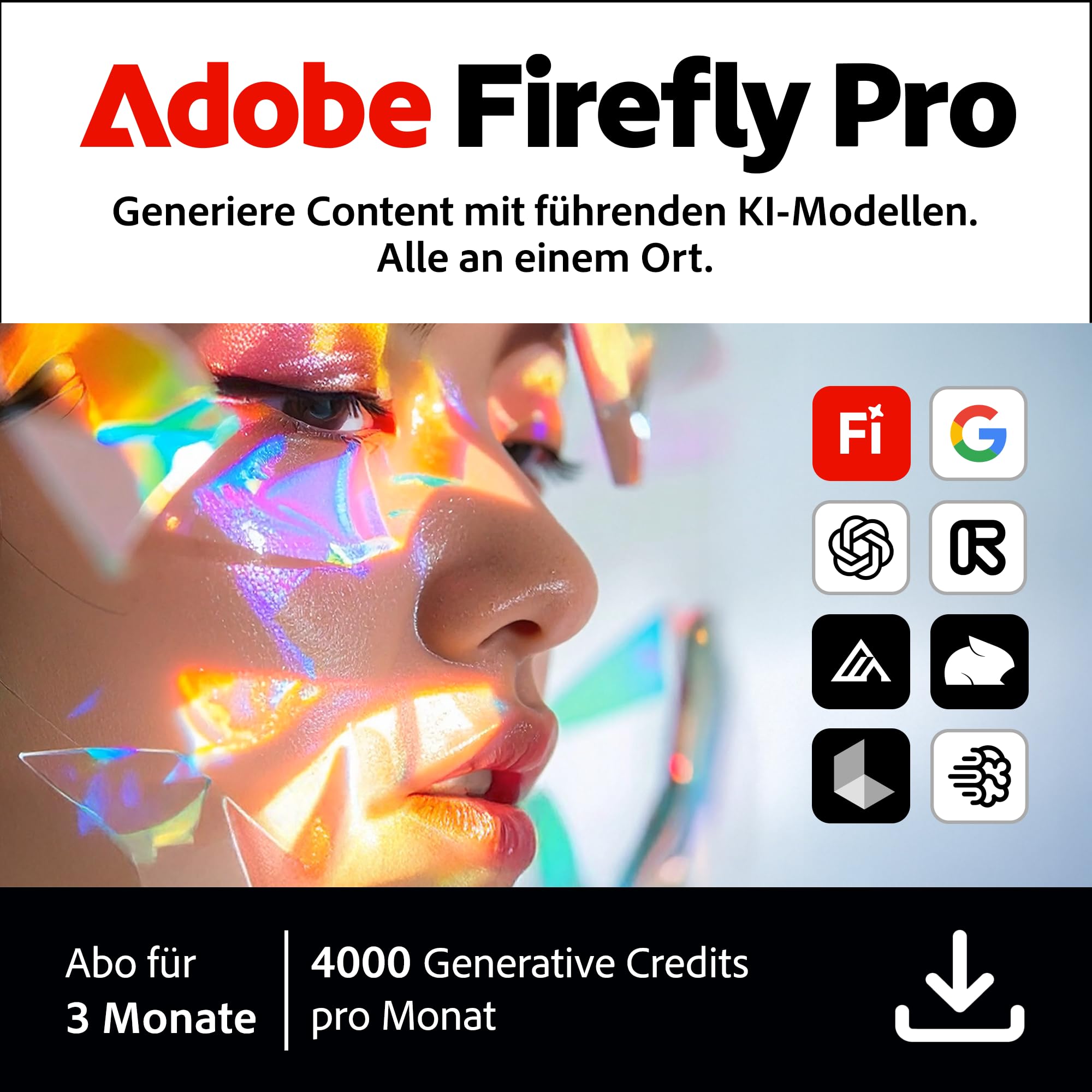 Adobe Firefly Pro inkl. Express Premium & Photoshop Web/Mobile, 3-Monats-Abo, 4000 AI Credits, PC/Mac/Mobile | Aktivierungscode per Email