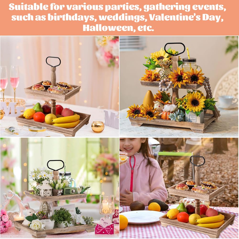 Plateau de service en bois à 2 niveaux pour fêtes, mariage, fruits, 2 étages, plateau rustique à 2 étages avec manche en métal