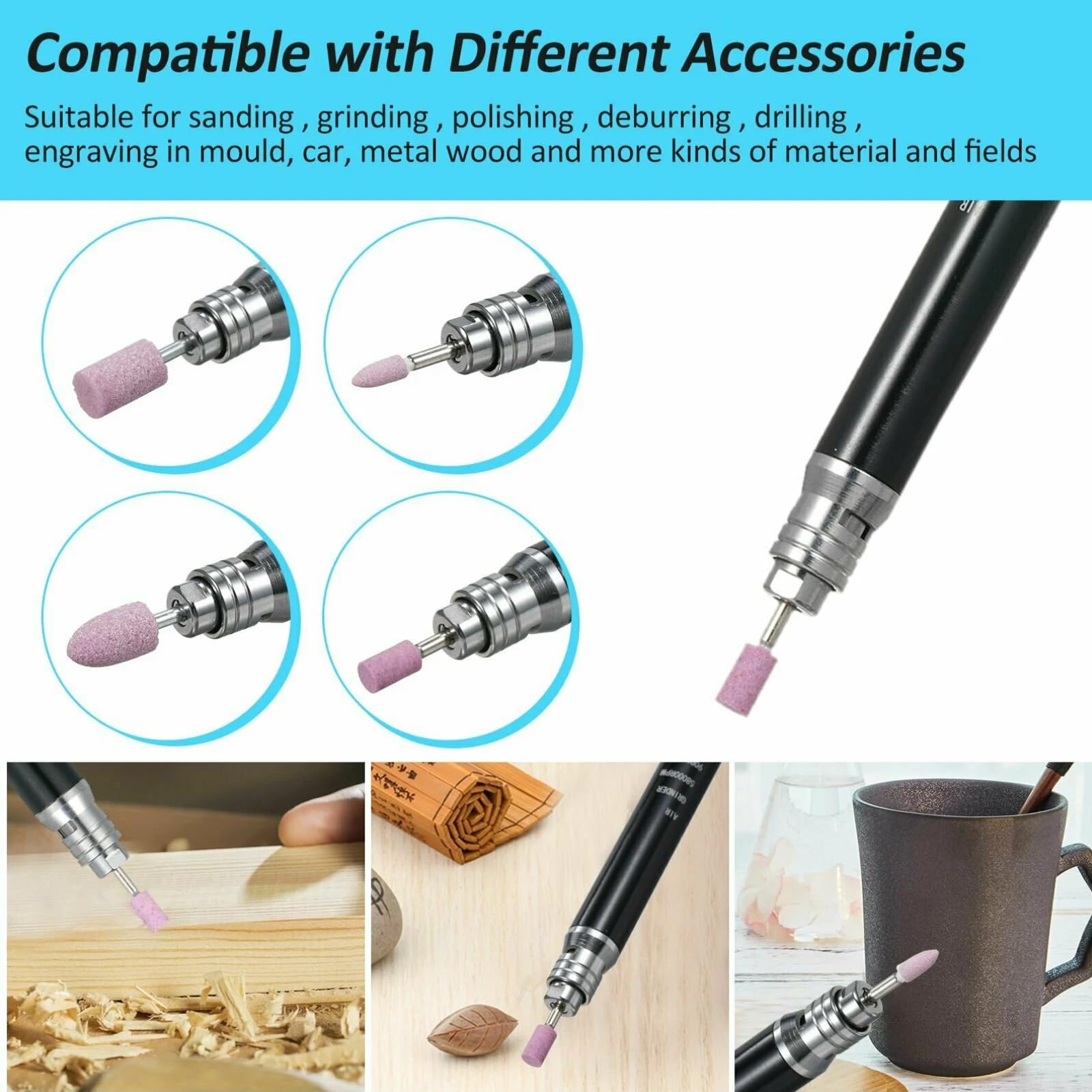 Micro Broyeur Pneumatique, 65000 Tr/Min Micro Meuleuse Droite à Air Stylo Broyeur à Crayons, Mini Meuleuse Rectifieuse Pneumatique Perceuse Pour Le Polissage, La Gravure Et La DéCoupe
