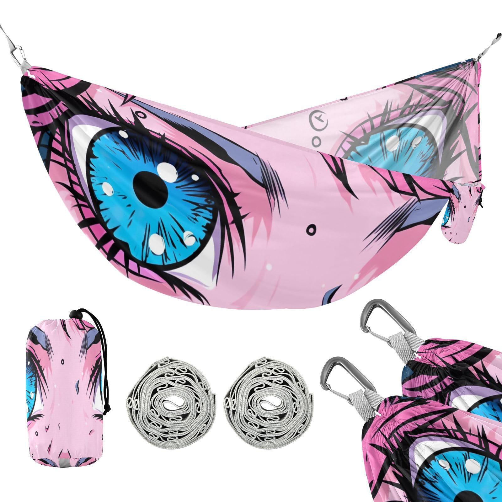 SDMKA Kawaii Anime Eyes Camping Hammock, 330 lbs with 2 Tree Straps, Carry Bag, Single Portable Hammock for Outdoor/Indoor, Hiking, Beach, Backpacking, Travel