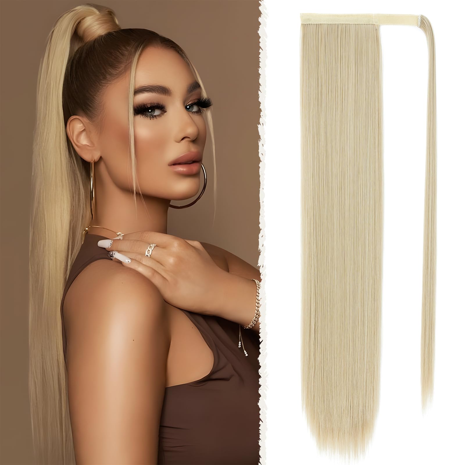 Benehair 28 Inches Straight Ponytail Extension Long Wrap Around Drawstring Ponytail Synthetic Hair Extension Ponytail Blonde Hair Pieces for Women(Blonde