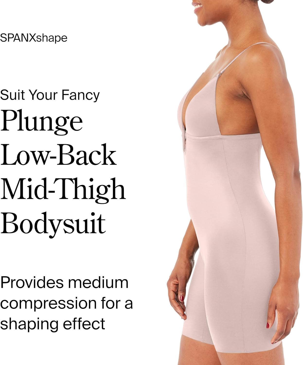 SPANX SPANXshape Suit Your Fancy Plunge Low-Back Mid-Thigh Bodysuit - Comfortable One Piece - Medium Compression - Seamless