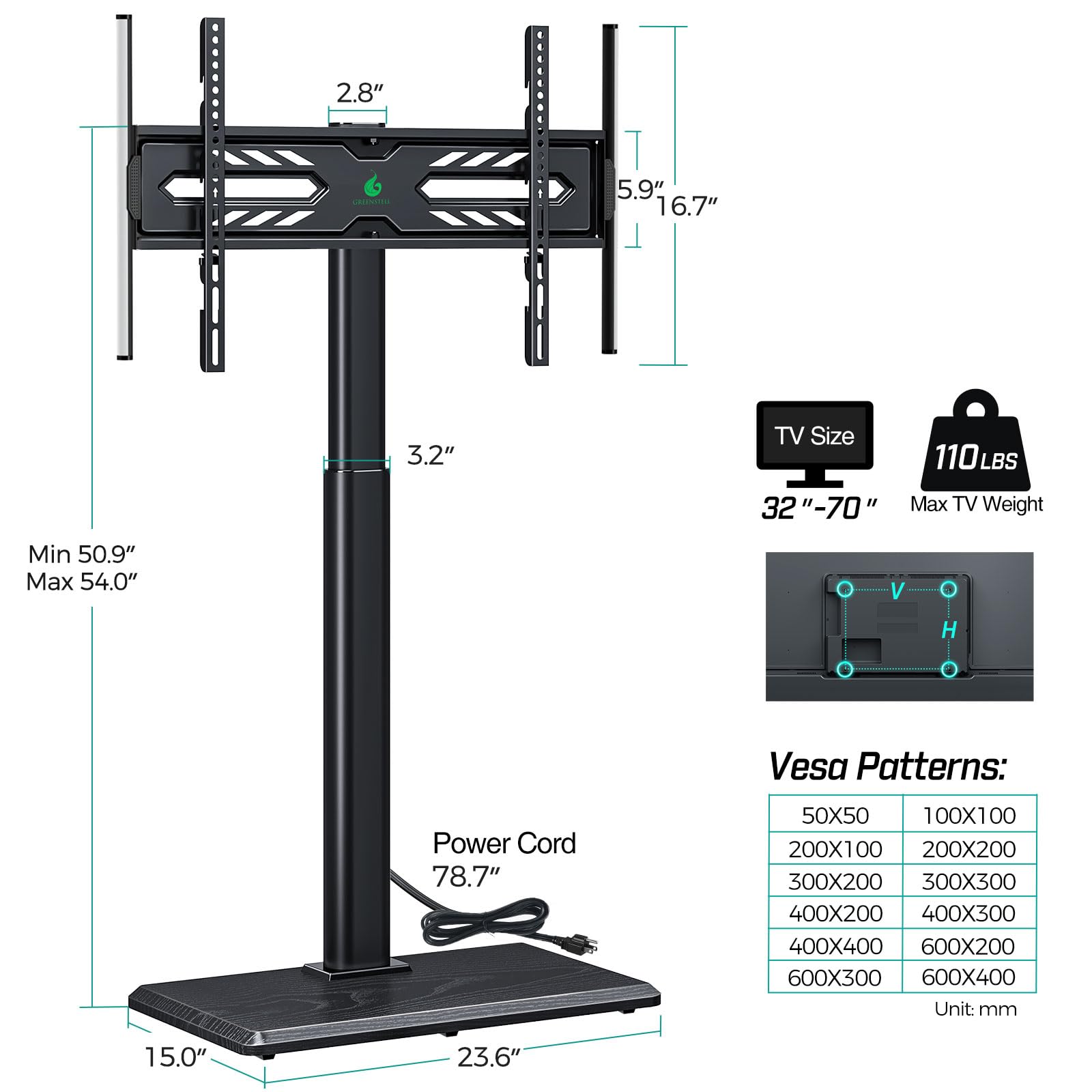 Greenstell TV Stand with Power Outlet & LED Lights, Floor TV Stand for 32-70 inch TV, Tall TV Stand with Solid Wood Base, Height Adjustable, Swivel, Holds up to 110 LBs, Max VESA 600x400mm