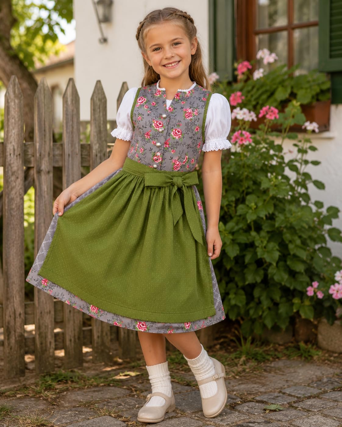 Ramona Lippert® - Dziecięca sukienka Dirndl dla dziewczynek - Dziecięca sukienka z nadrukiem róży - 3-częściowa sukienka do stroju ludowego - Moda ludowa - Strój ludowy z fartuchem