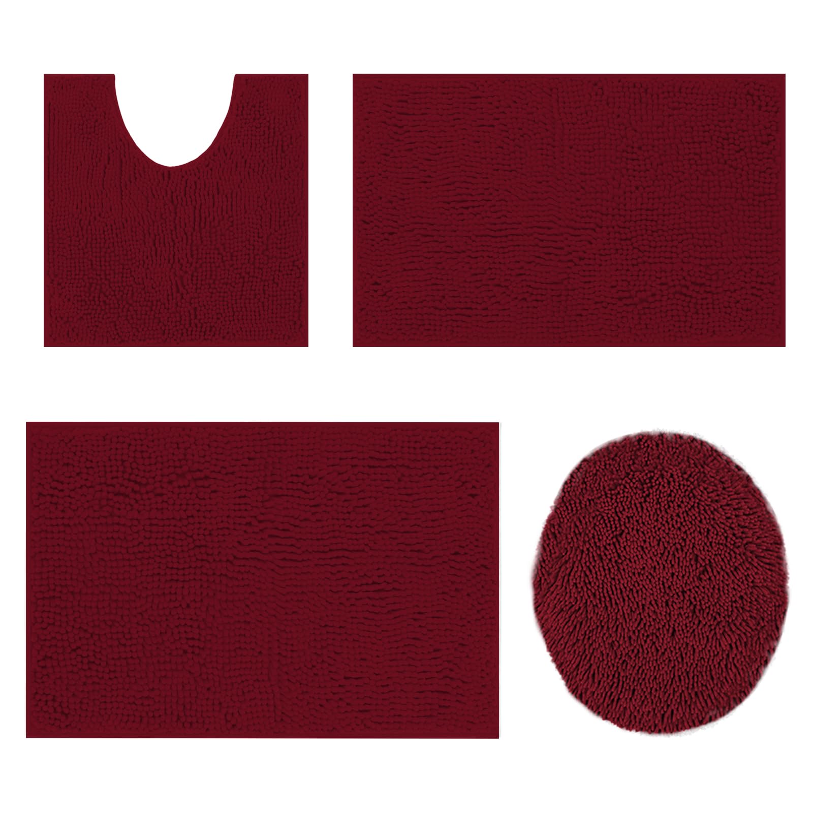 Photo 1 of Bathroom Rugs Sets 4 Pieces,Chenille Bath Mats,Super Absorbent Soft Washable Bathroom Carpets,Non Slip Contour Mat Toilet Lid Cover and Bath Rug Mats Shower Mats,Burgundy