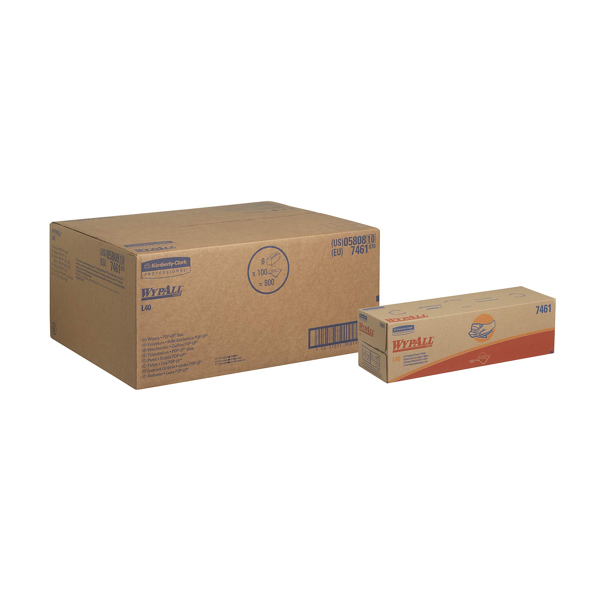 7461, L40 Pop-Up Box Wipes , 1 Ply, White, 8 Pop-Up boxes x 100 sheets - Wypall