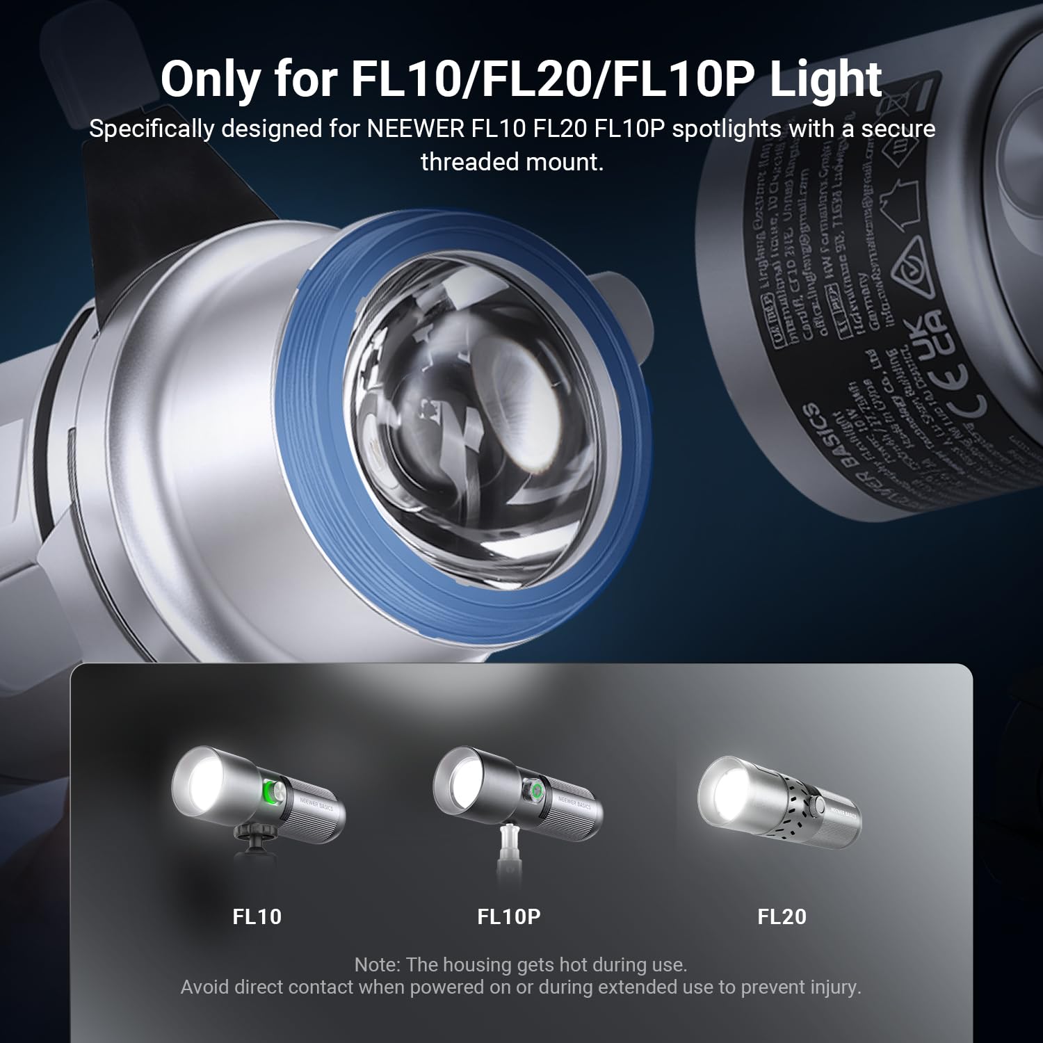 NEEWER BASICS Spotlight Snoot Óptico Cónico Solo para Linterna Fotográfica FL10/FL20/FL10P, Accesorio de Proyector 4 Veces Más Brillante con Enfoque Ajustable, 30° Ángulo Haz, 20 Gobos Metálicos, LS01
