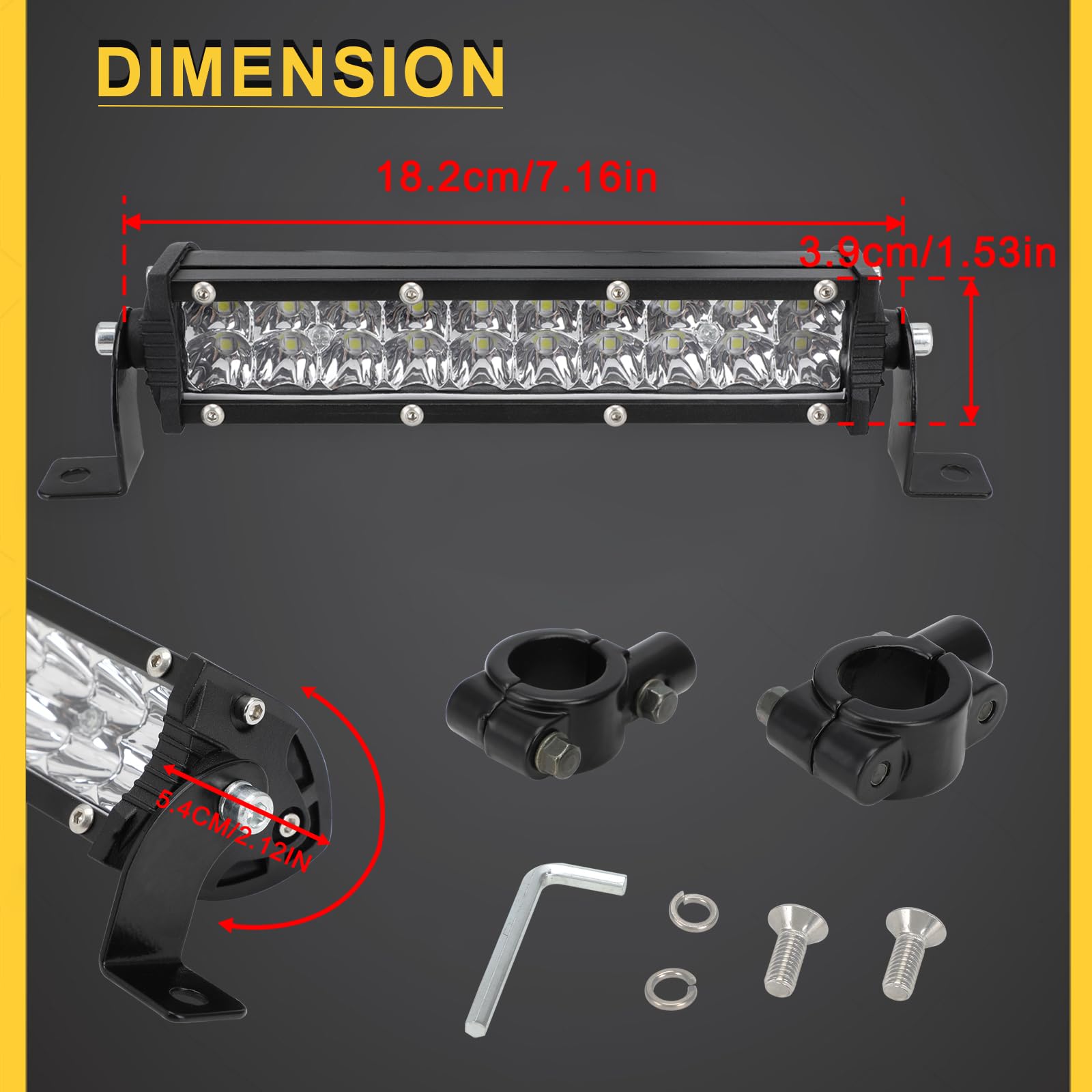 Moto Pit Bike LED Double Rangée Barre Lumineuse 60W 2500Lm pour YZ125 YZ250 CRF230F CRF250R KLX110 RM125 TTR110 WR250F Dirt Bike E-Bike Guidon 7/8 Pouces 50-200 CC