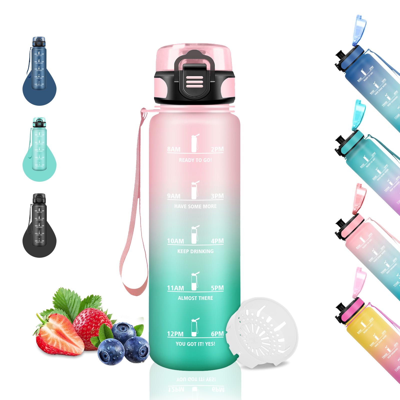 Trinkflasche für Kinder 500ml - Auslaufsicher mit Zeitmarkierung, Leicht zu Reinigen - Sportflasche für Schule, Reisen, Camping, Rosa-Cyan