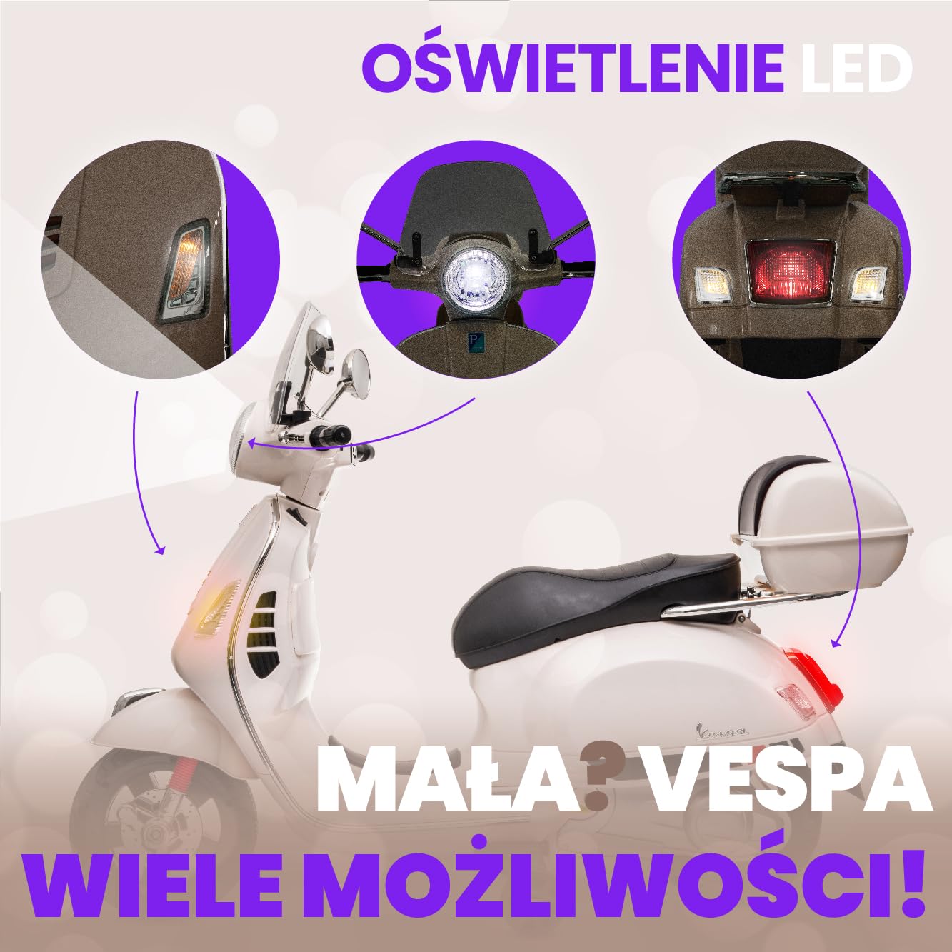 VESPA Elektryczny skuter dla dzieci, jeździk od 3 roku życia, plastikowe koła i siedzisko, kuferek, odtwarzacz MP3, gniazdo USD MicroSD AUX (Biały)