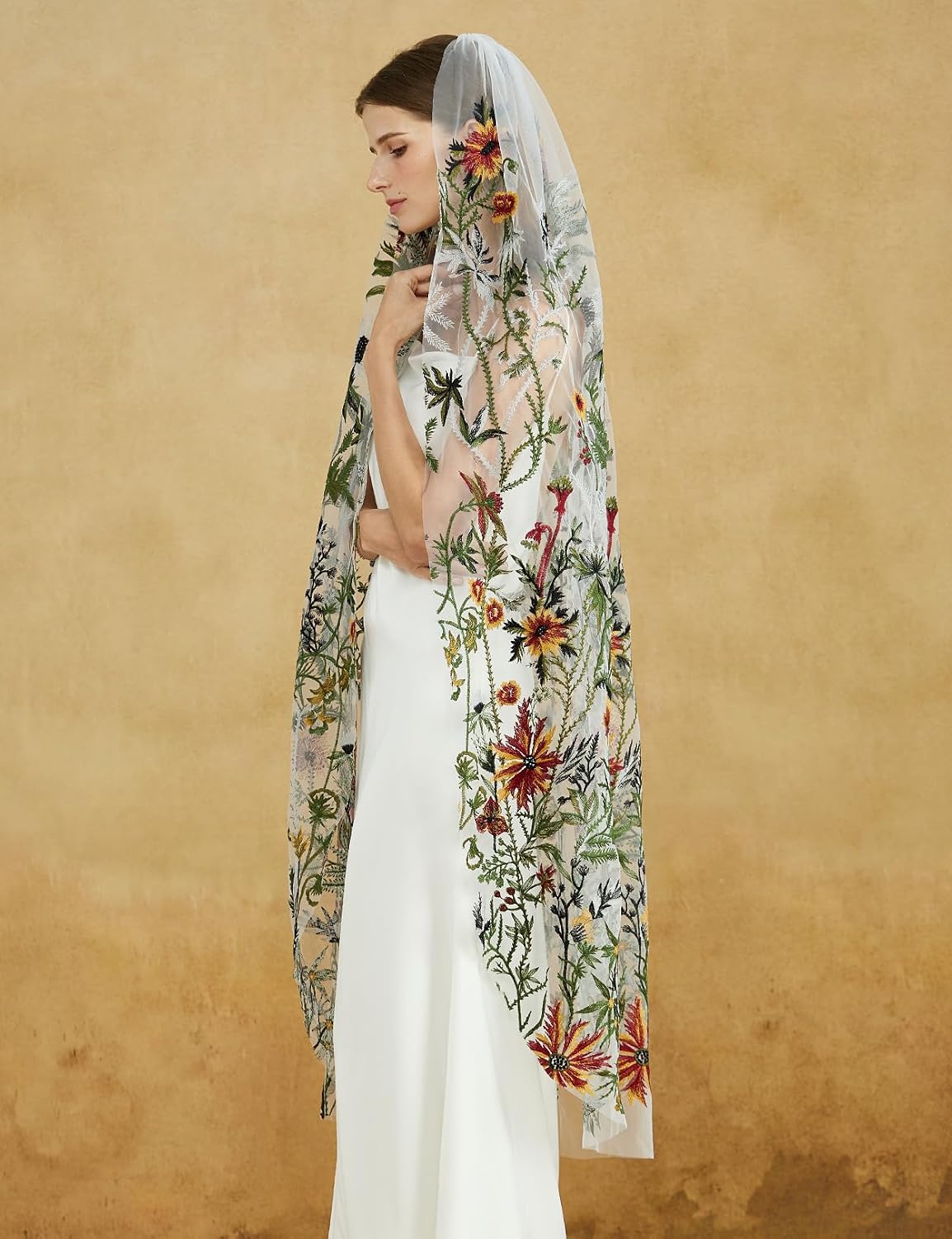 BEAUTELICATE Floral Wedding Veil Waltz Length Bridal Veil with Metal Comb Aquatic Plants Embroidered OffWhite