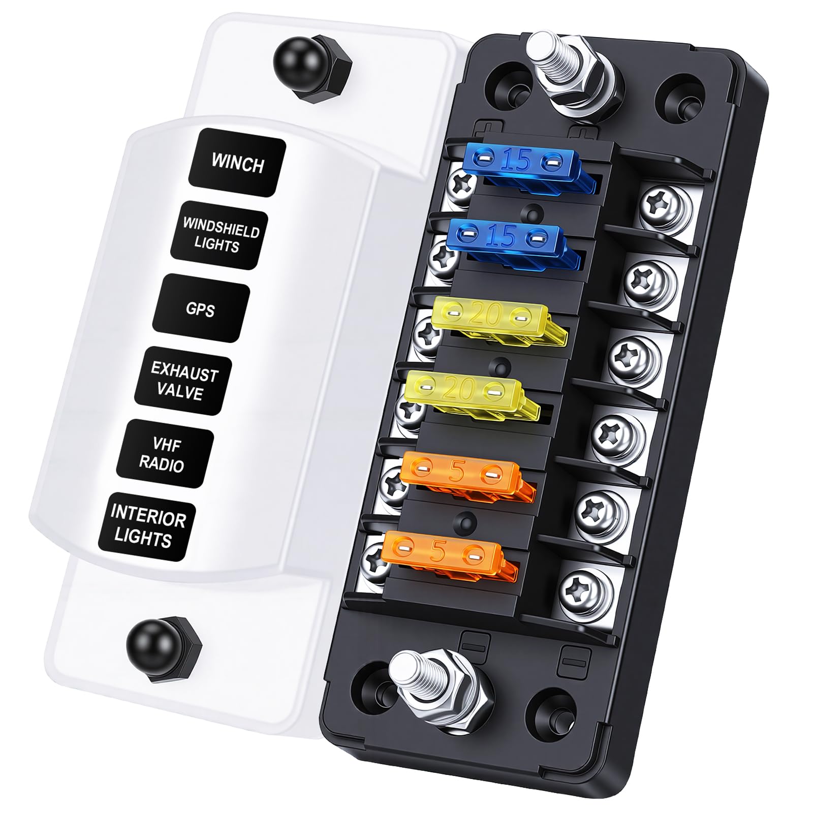 Randpow 6 Way Fuse Block, 6 Circuits Fuse Box with Negative Bus, 12V Fuse Block Blade Fuse Holder, Waterproof Protection Cover Sticker Labels for 12V/24V Marine Automotive Car Truck RV Boat Van