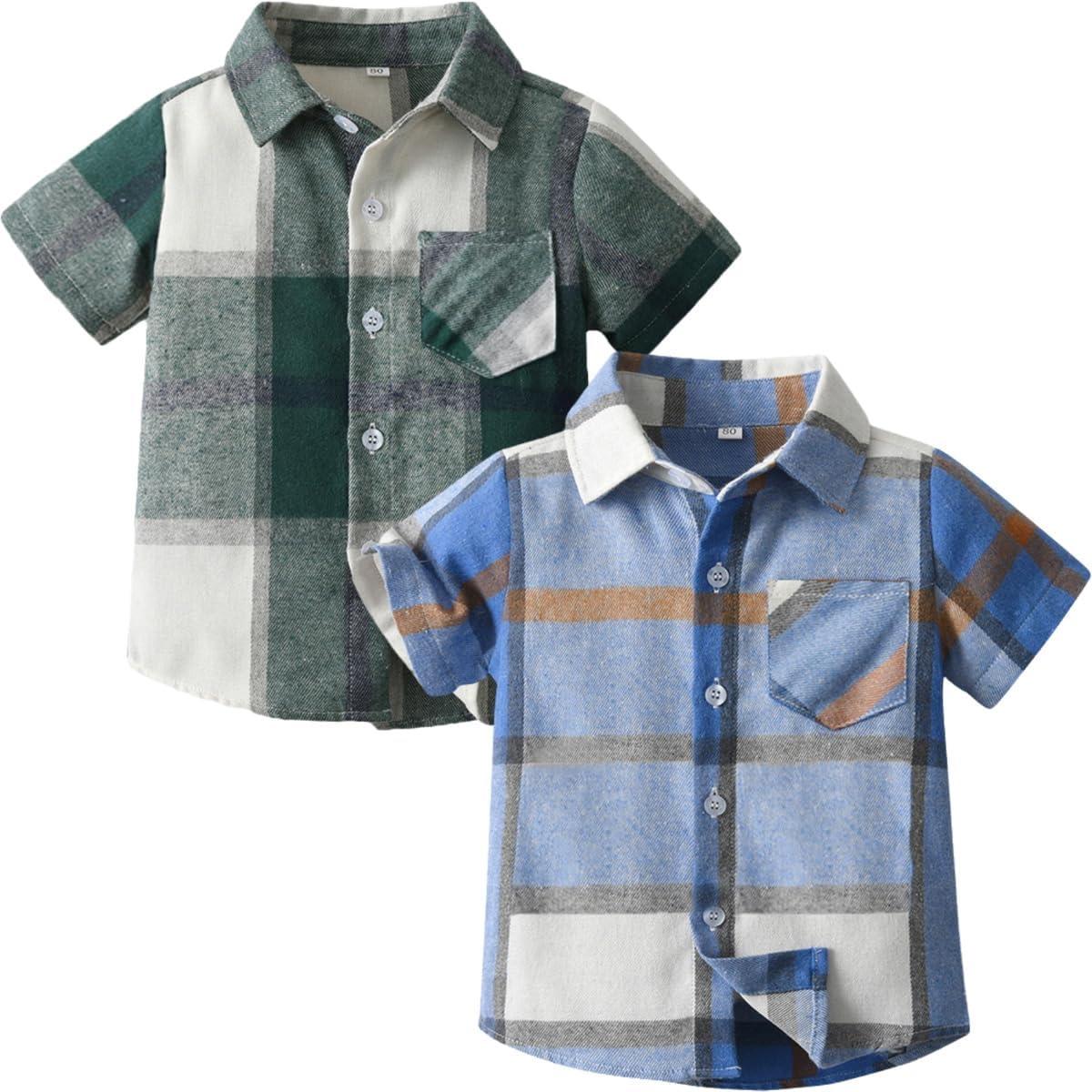 Boys Short Sleeve Button Down Shirts Cotton Plaid Summer Clothes with Pocket 2-7T(2 Pack)