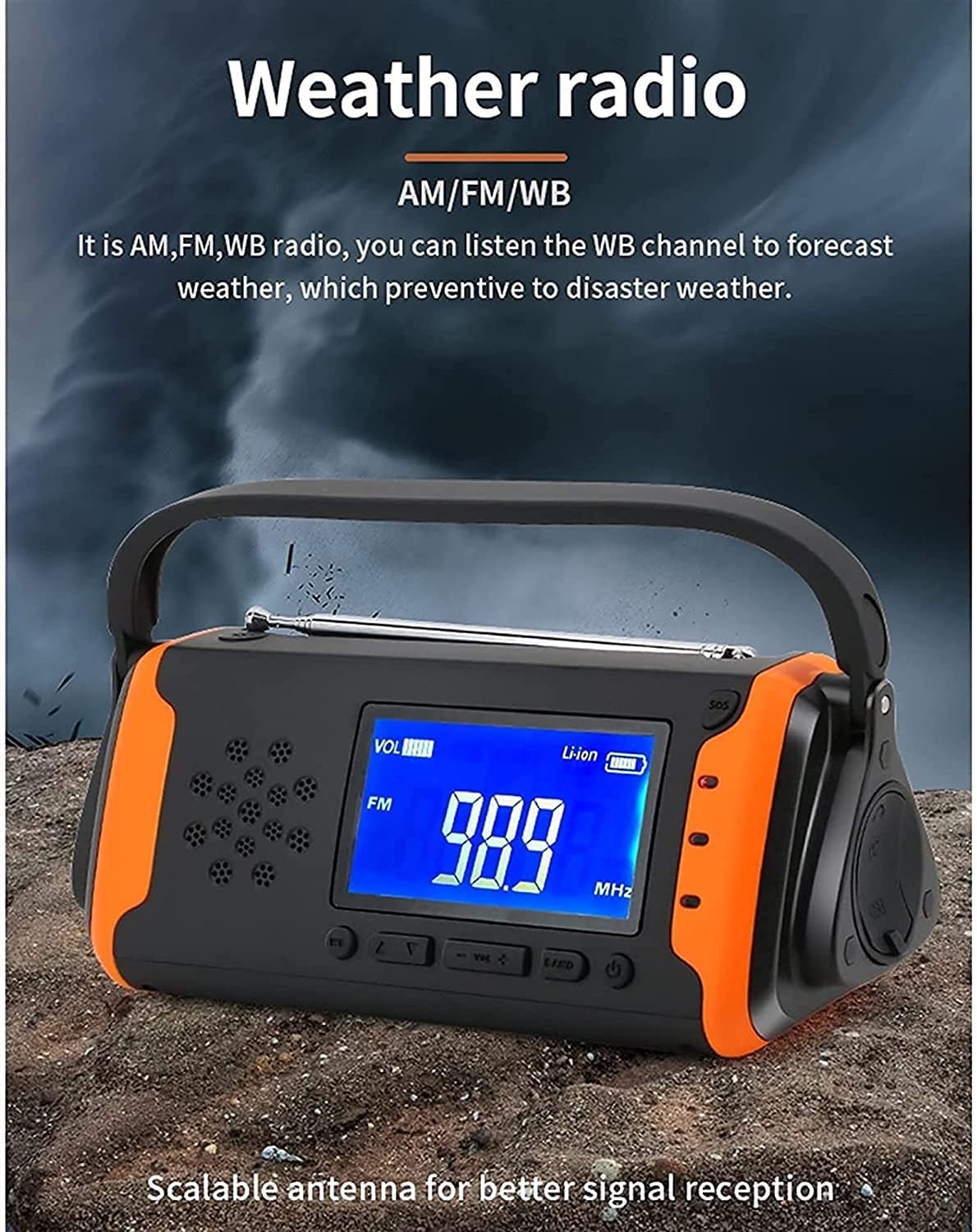 Radio à manivelle d'urgence, Radio Solaire Portable FM AM NOAA 4000mAh, Lampe de Poche LED, Alarme SOS (Color : Orange)