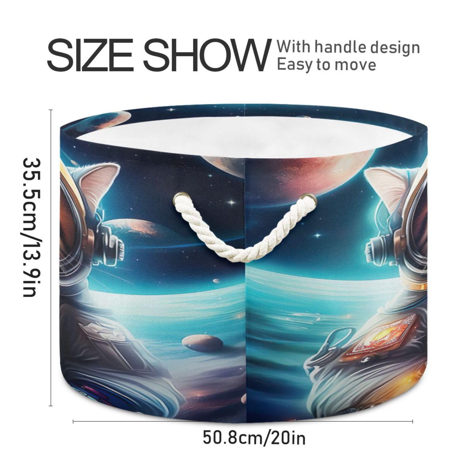 Round Space Astronaut Cat Funny Storage Basket Large Organizer Bin Laundry Hamper Toy Storage Basket with Handle for Nursery Clothes Toys 202b4754