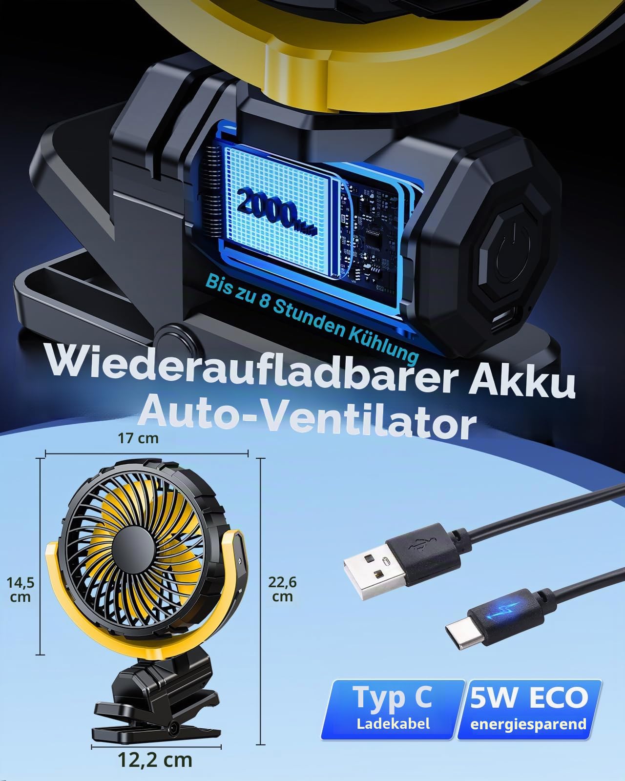 Akku-Ventilator für Auto-Sonnenschutz, Rücksitz & Dachgriffe, leiser tragbarer Clip-Autoventilator für SUV, Van, Wohnmobil, Pickup, Camping, Schreibtisch, Bett, Kinderwagen & Babybett - Gelb