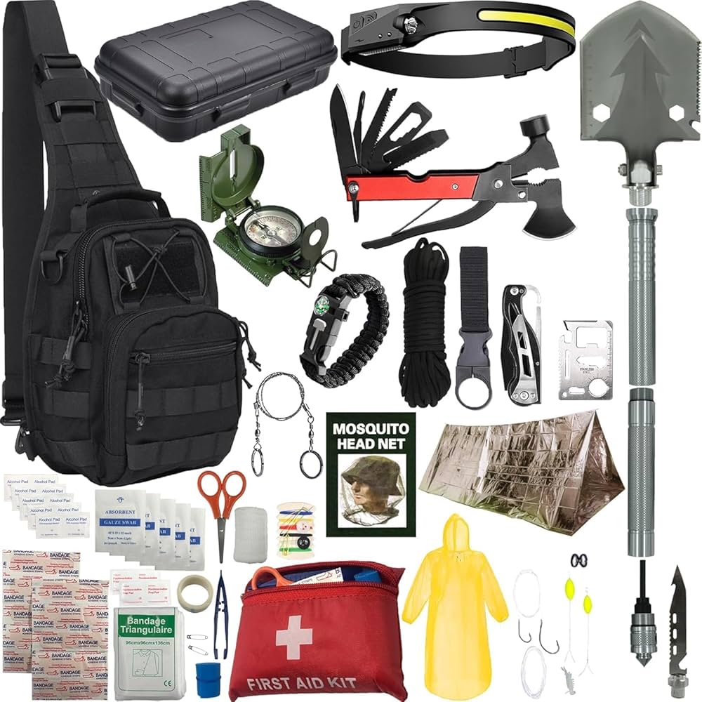 Complete camping survival gear kit with essential tools and supplies for outdoor adventures