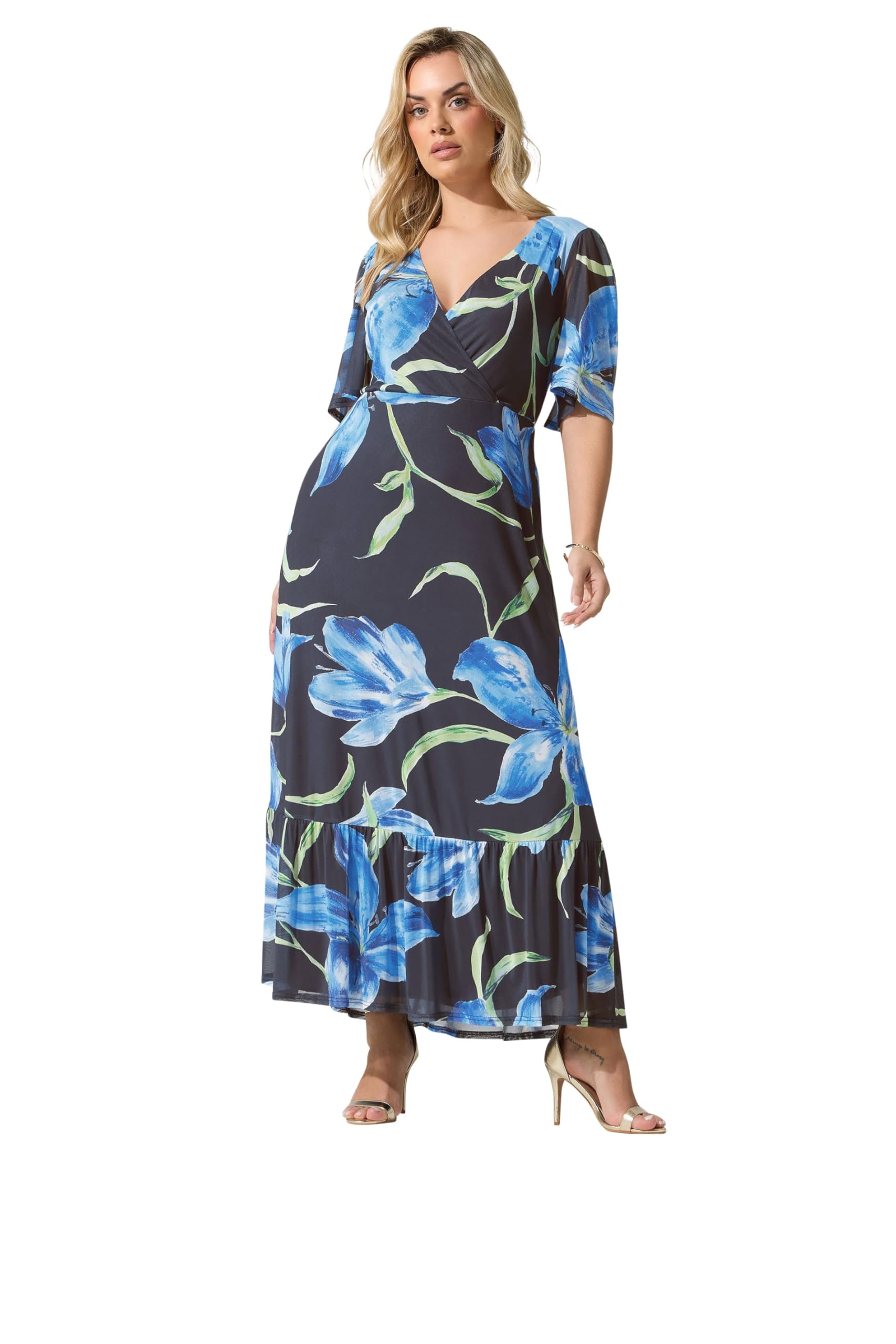 Yours Women's Dark Navy Floral Wrap Ruffle Hem Dress In | Size: 26/28