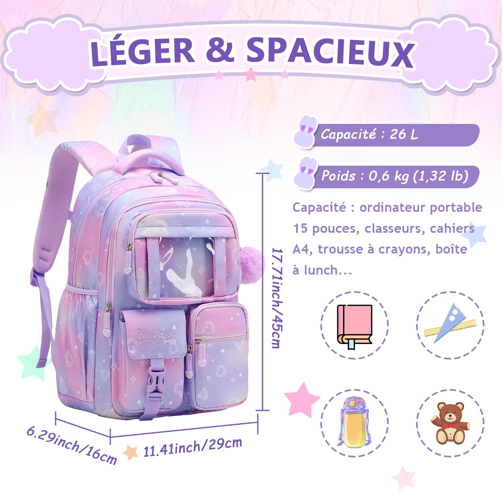 Sisipoet Cartable Fille Primaire, Cartable Scolaire, Sac à Dos Léger avec Plusieurs Compartiments, Respirant et Confortable, Sac à Dos Enfant 9-16 Ans du CP à la 6ème pour l’École et les Voyages