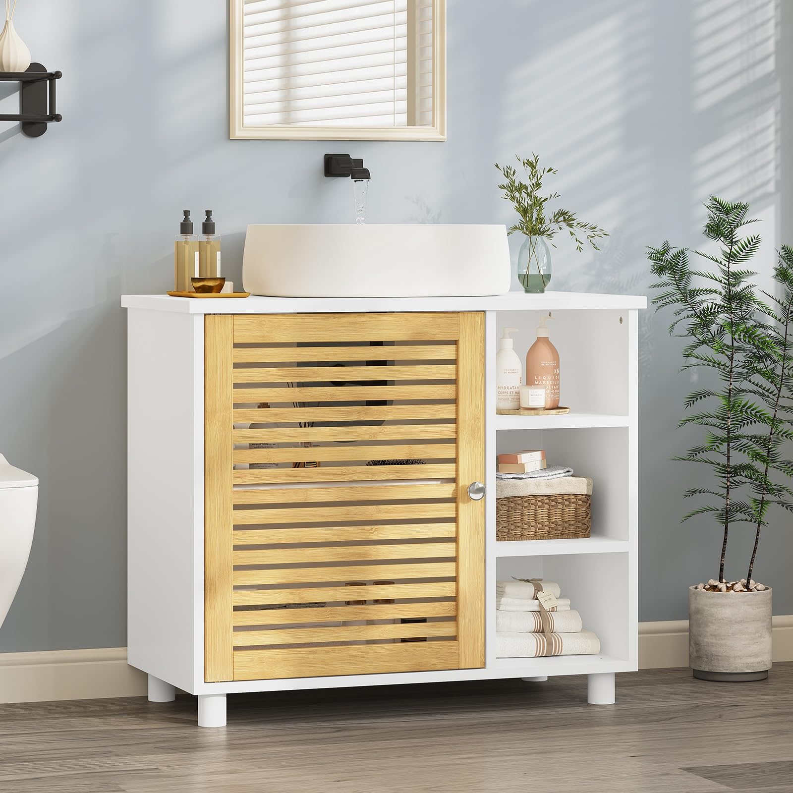 Waschbeckenunterschrank, Badezimmerschrank mit Bambustüren, 3 offene Fächer, viel Stauraum, Freistehend Badschrank Unterschrank, 62 x 30 x 60 cm