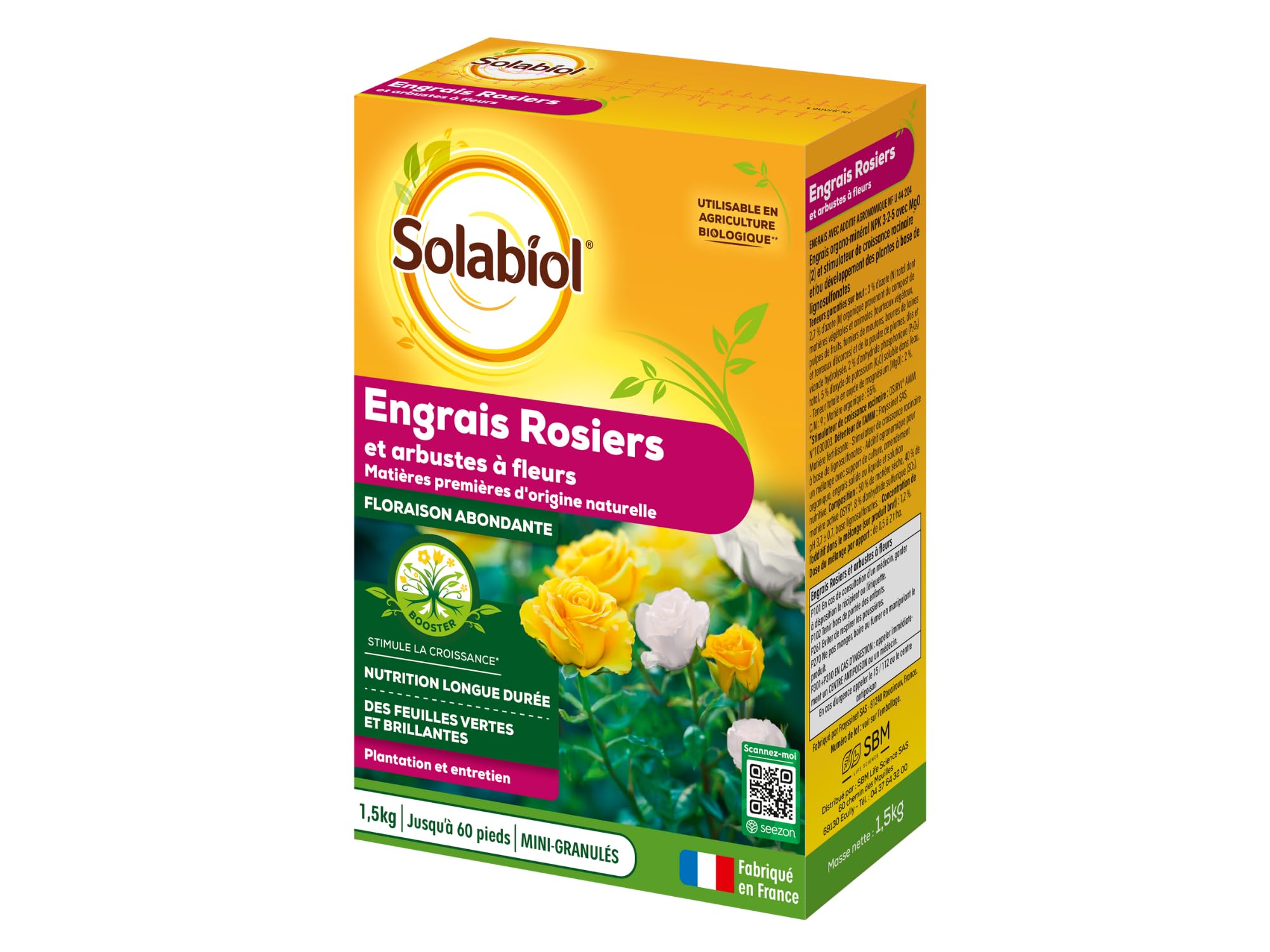 SOLABIOL Engrais Rosiers Arbustes Fleurs Traitement Insectes Maladies Nutrition Longue Durée Protection