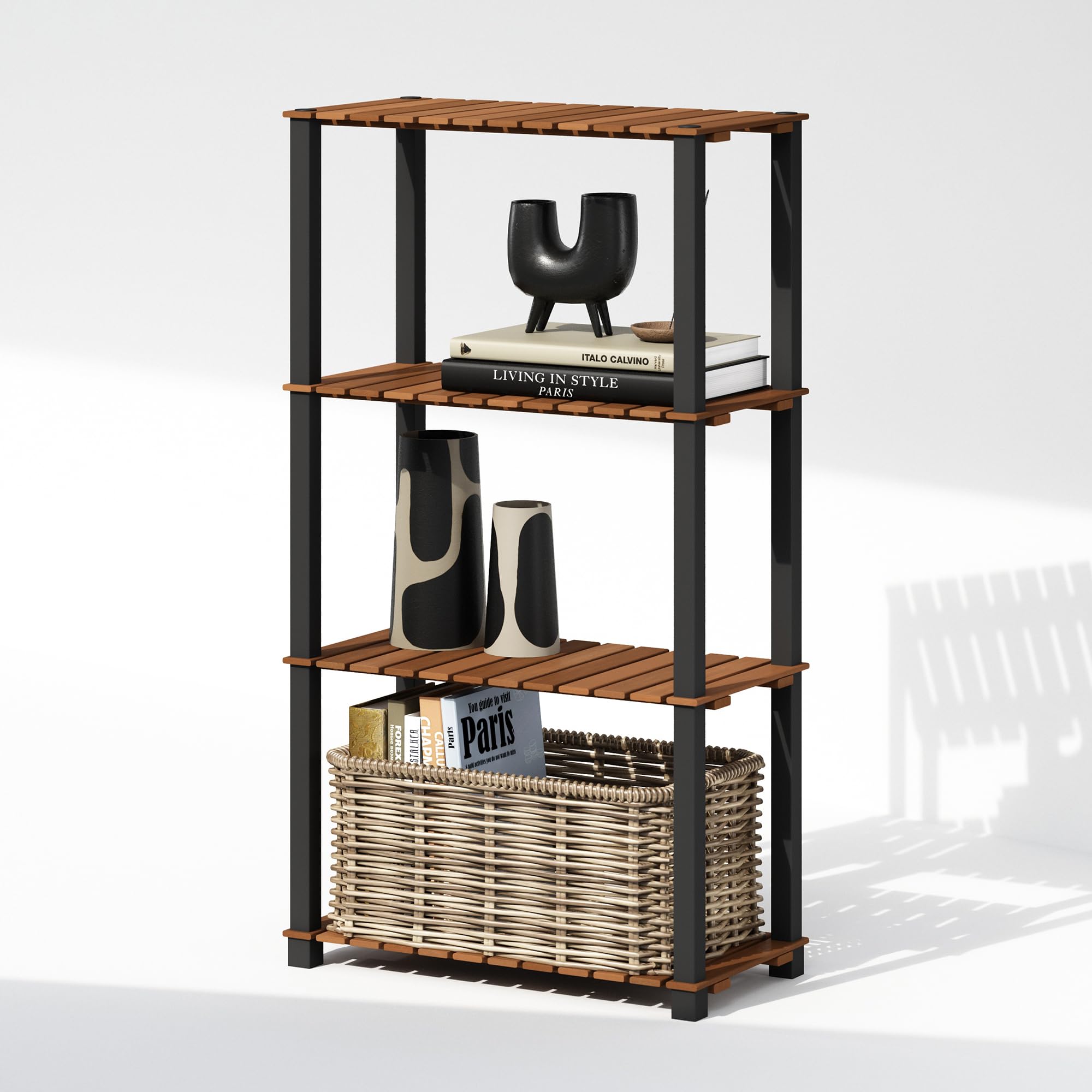 Furinno TURN-N-TUBE 4-Tier Display Rack, Storage Rack, Book Shelf, Open Shelves, with Wood Slat, Square Poles, for Indoor Outdoor Organization and Storage, Garage, Living Room, Light Wood