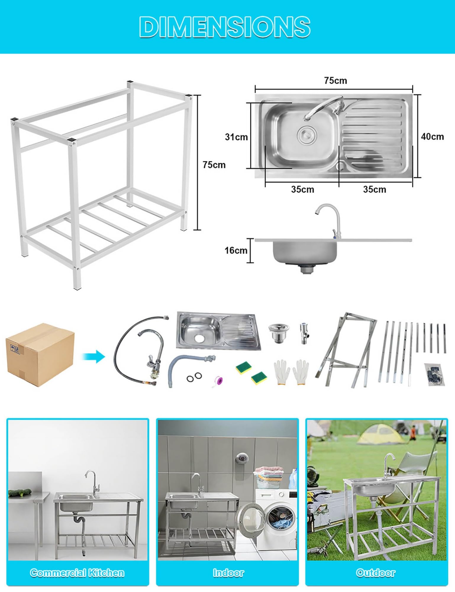 Évier Inox De Cuisine Indépendant Évier Utilitaire Avec Robinet Et Étagères De Rangement Extérieur Évier De Jardin Avec Banc De Travail 2 Brosses En Éponge Evier De Commercial Pour Garage Buanderie(Si