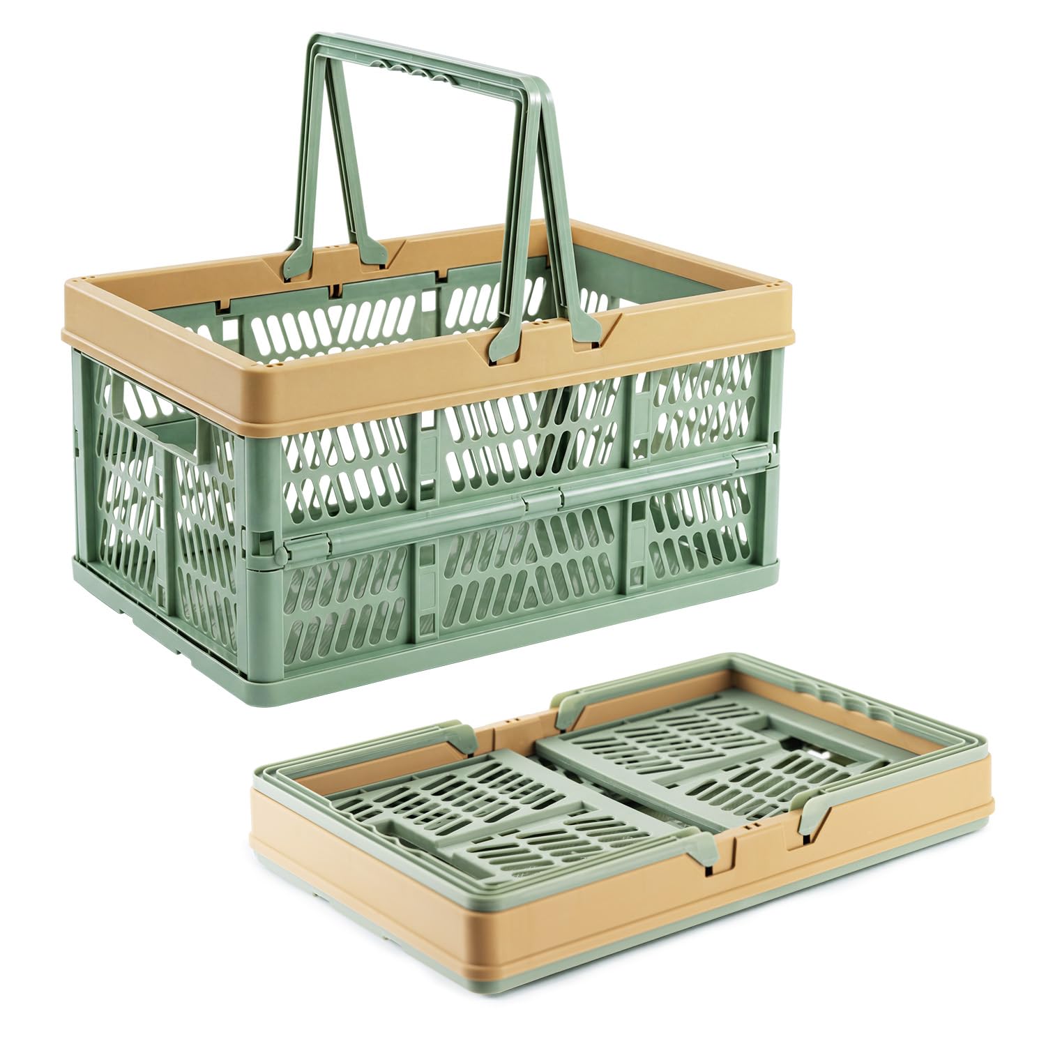 VALESKA Collapsible Crate 20L, Foldable Plastic Milk Crates for Storage, Collapsible Shopping Basket with Handles,Car Trunk Basket,for Kitchen（Green）