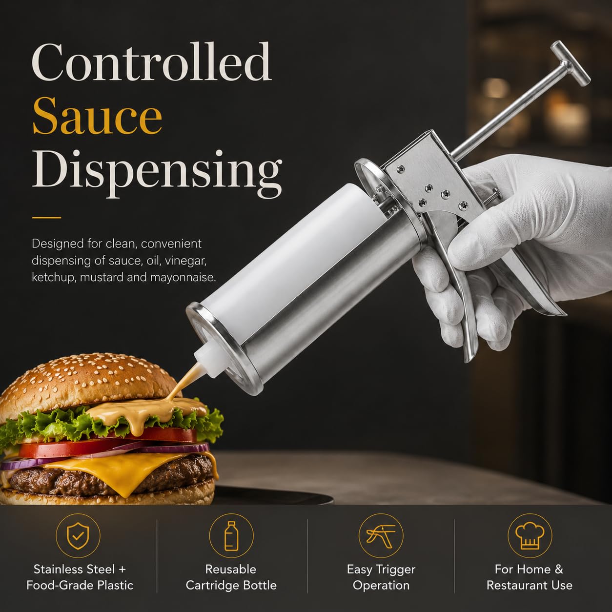 Pistola manuale dell'erogatore della salsa dell'acciaio inossidabile per la preparazione degli alimenti | Porzioni Misurate, Assemblaggio Hamburger, Cucine per la Casa, Banchi Catering e Servizio Ristorante