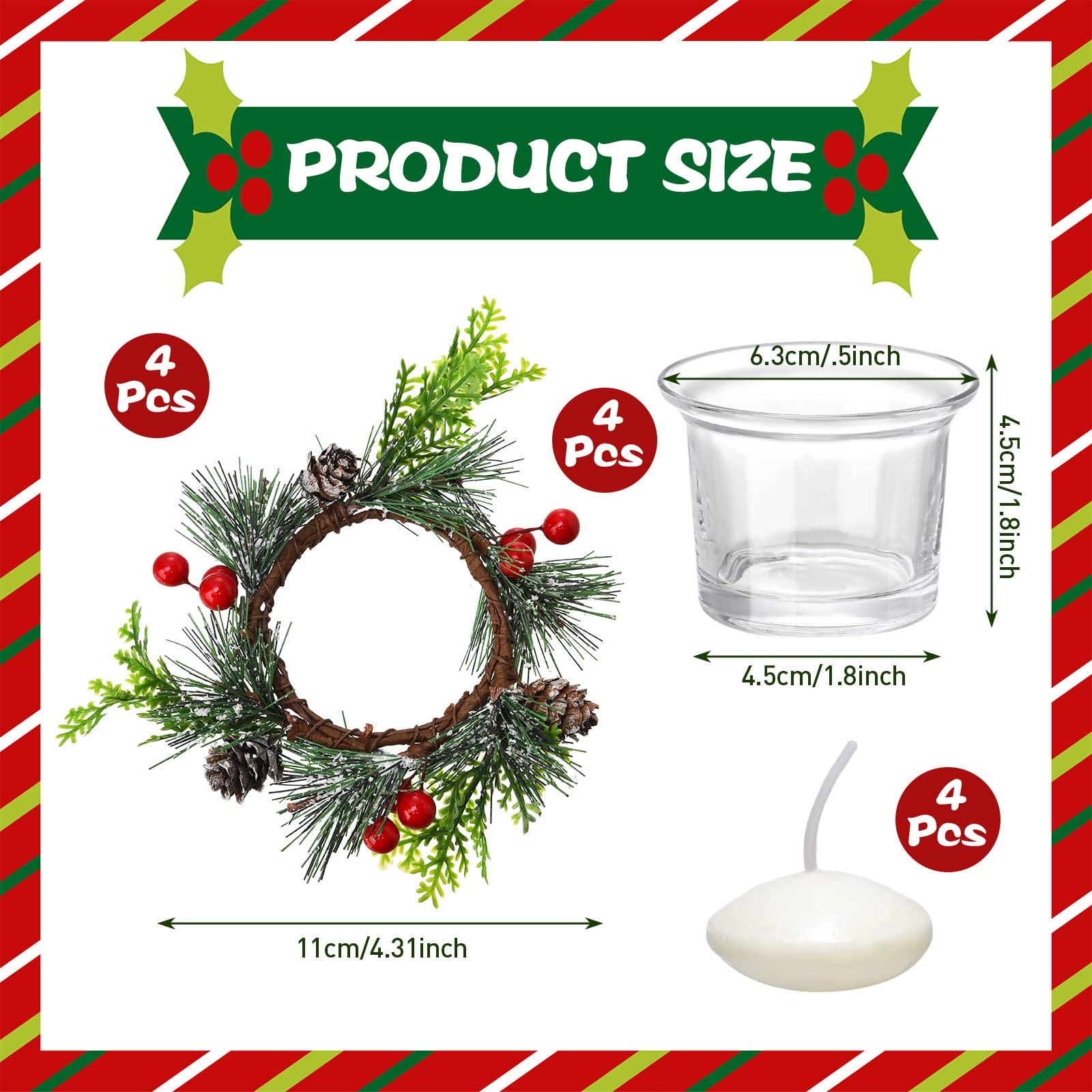 Juego de 12 portavelas votivos de Navidad que incluye 4 anillos de vela de bayas de Navidad, 4 portavelas decorativos de cristal, 4 velas votivas blancas para boda, cumpleaños, vacaciones