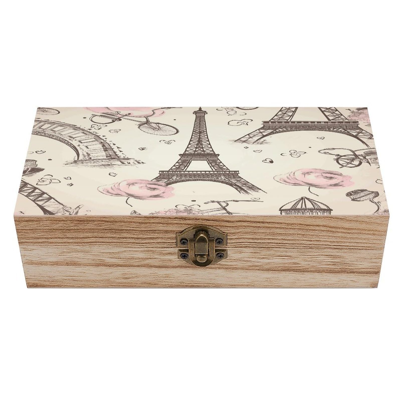 VstaDank The Eiffel Tower And A Bicycle Wooden Storage Box Wooden Keepsake Box with A Hinged Lid Fashion Memory Treasure Boxes Decorative Jewelry Case for Crafts Photo Home Decor Wood Gift Box