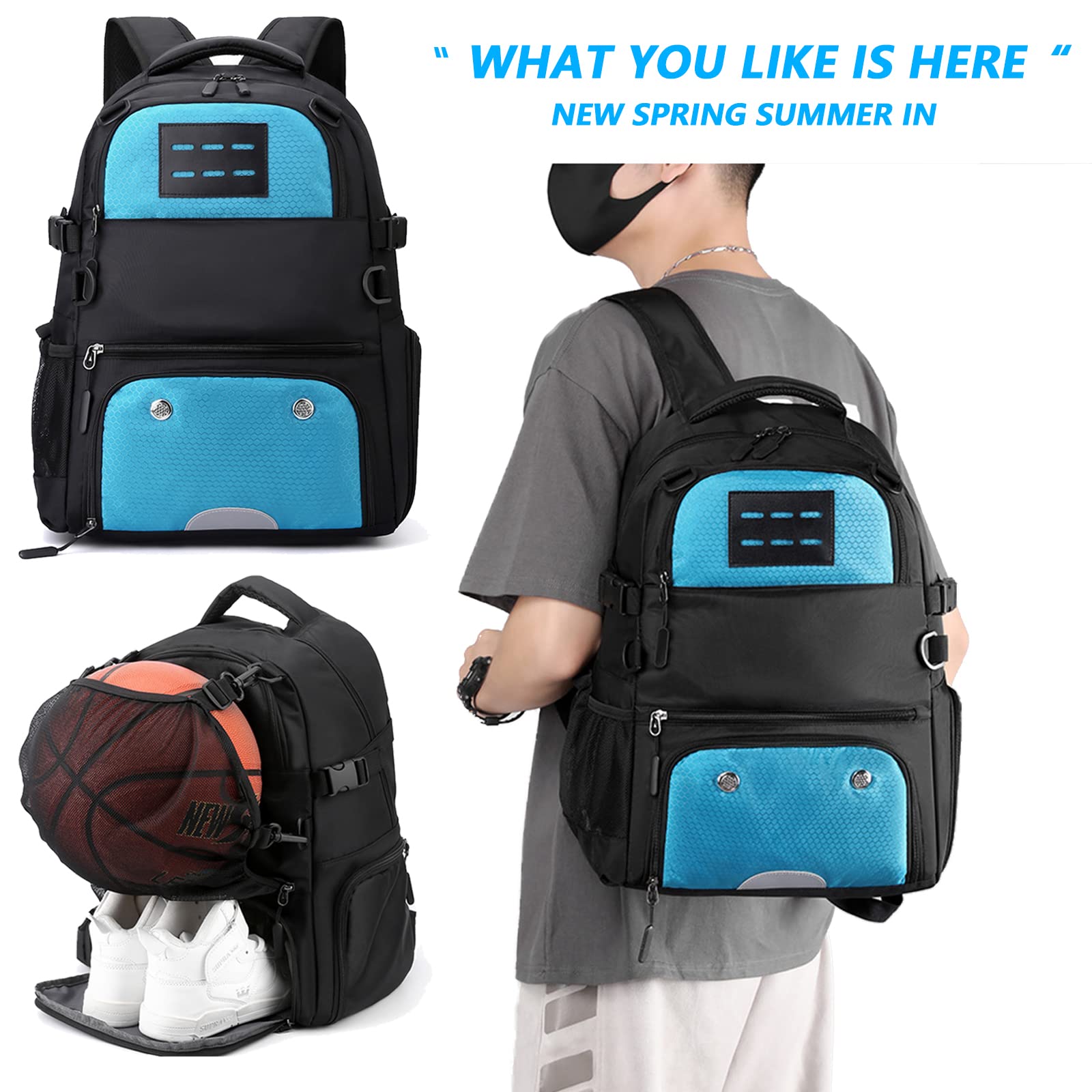 Aisny Bolsa de Baloncesto 30x20x49cm Mochila de Fútbol con Compartimiento para Balones y Zapatos