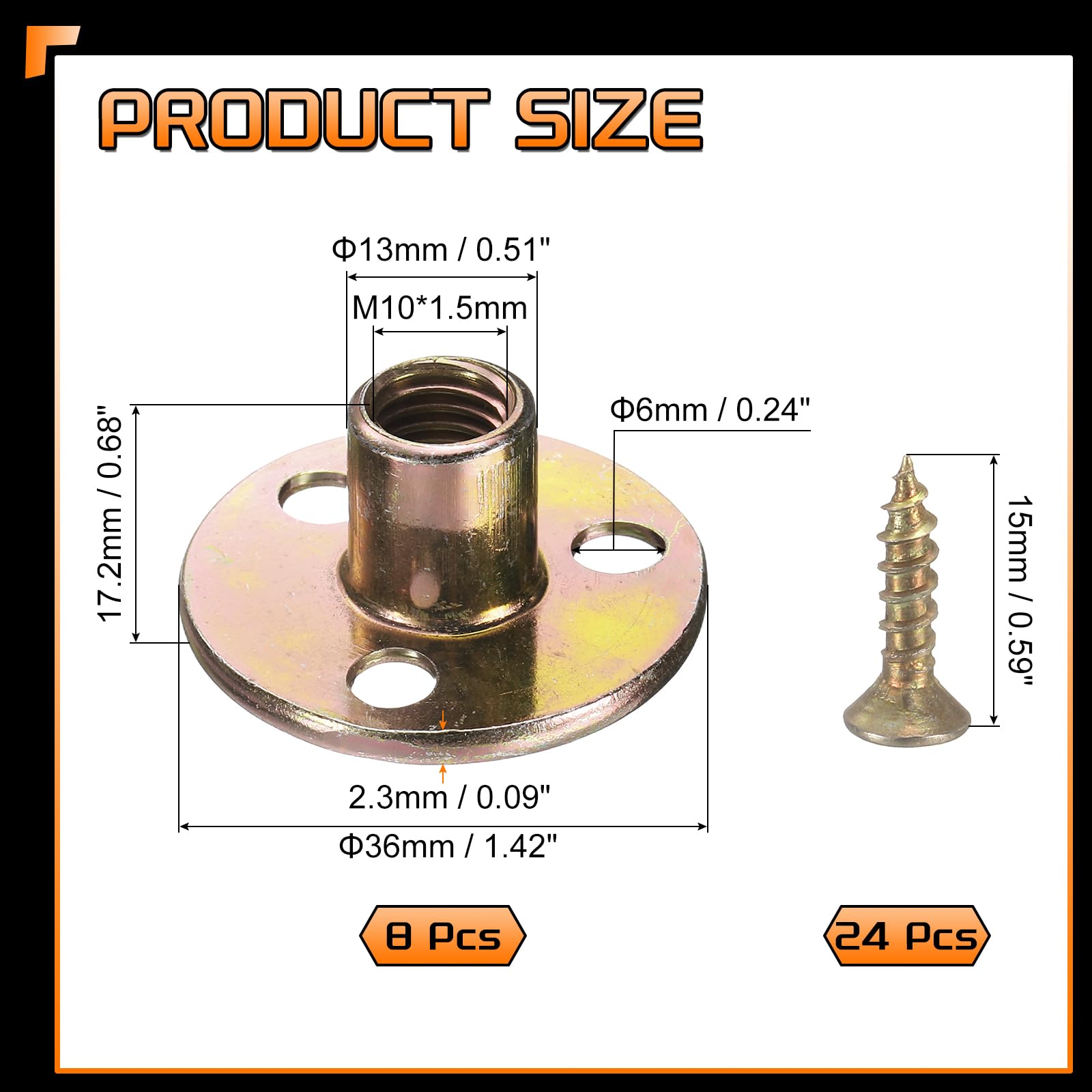 uxcell 8Pcs M10 T-Nuts, Zinc Plated Steel Brad Hole Tee Nut with Screws, 3-Hole Round Base Weld Nuts 17.3mm Height Through Hole Flange Insert Female Thread Plate Nuts, Multicolor