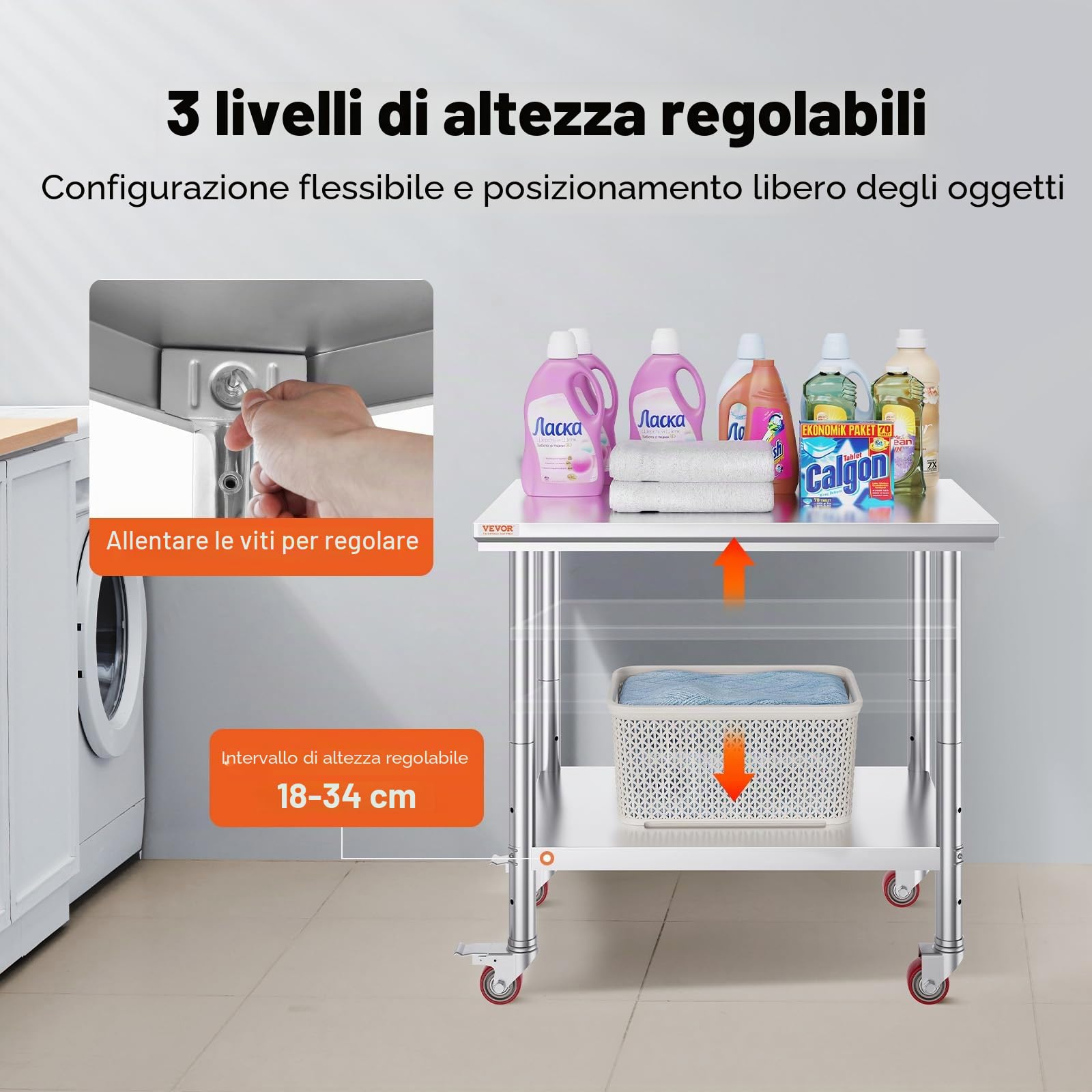 VEVOR Tavolo da Lavoro in Acciaio Inossidabile 91x61cm, Cucina Professionale, Pieghevole, con Ruote, Tavolo da Cucina Commerciale