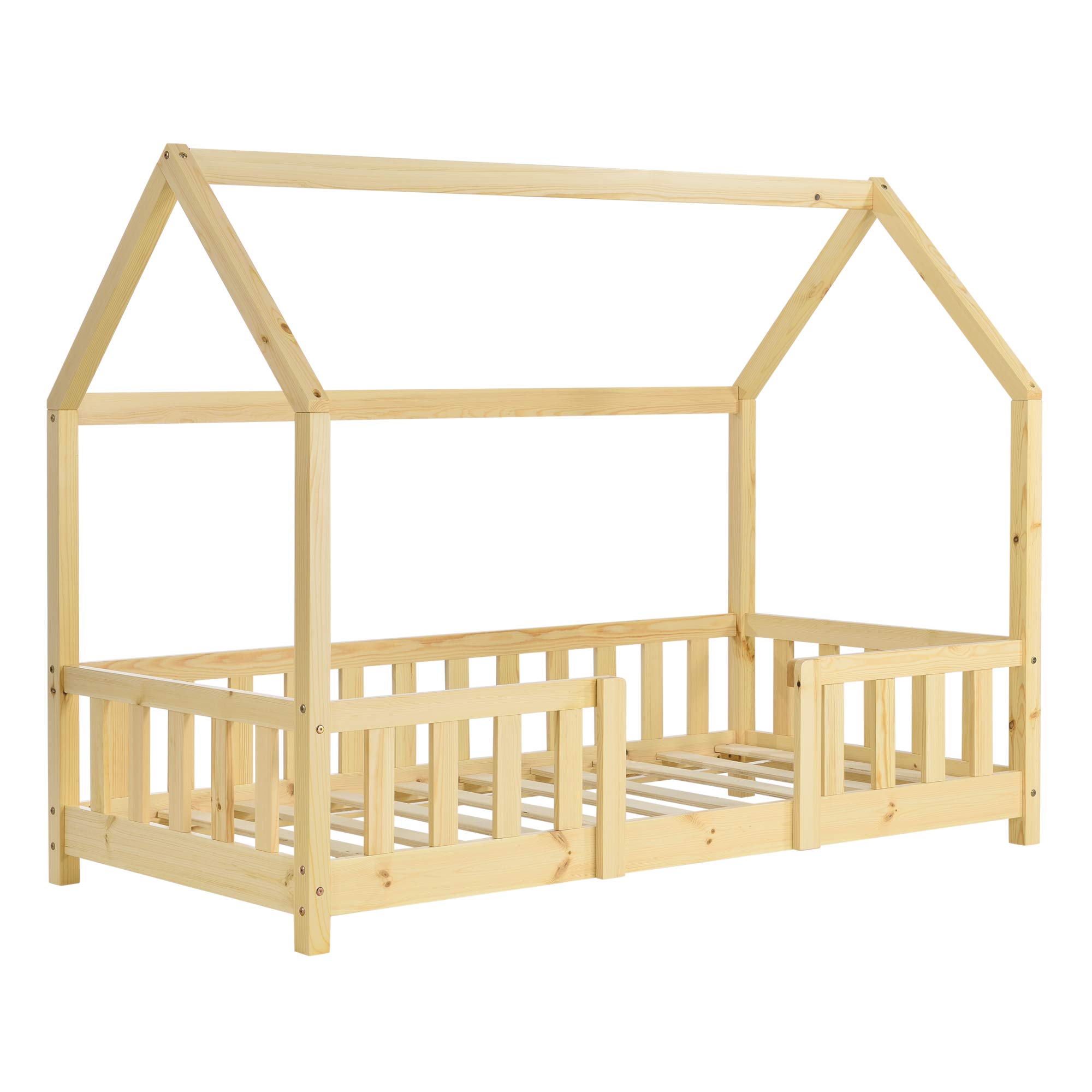 [en.casa] Letto per Cameretta Letto a Casetta per Bambini con Barriere Letto Singolo in Legno di Pino con Zona di Riposo 80x160 cm Naturale